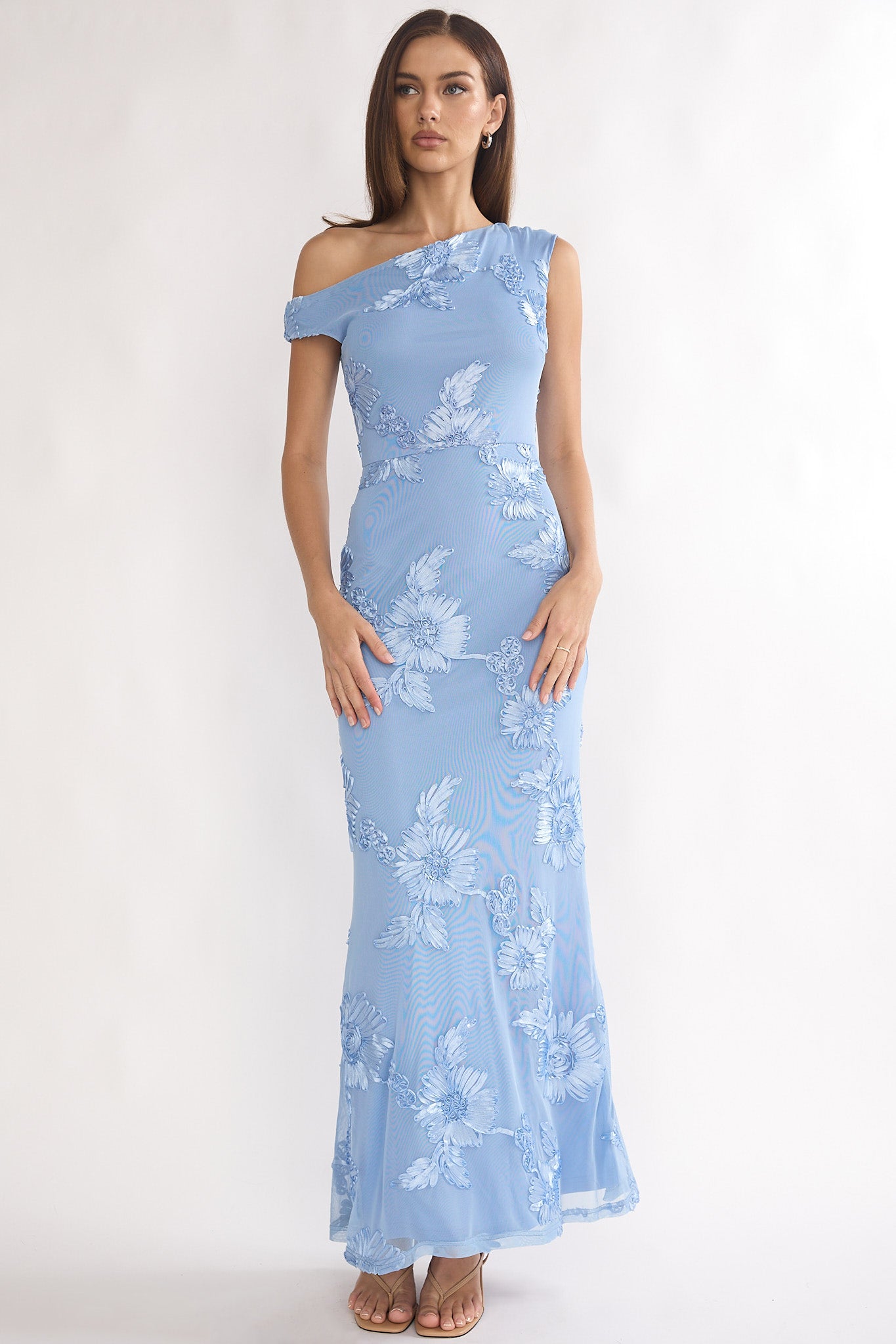 Moonlit Magic Asymmetric Neckline Embellished Maxi Dress Blue-Maymioy