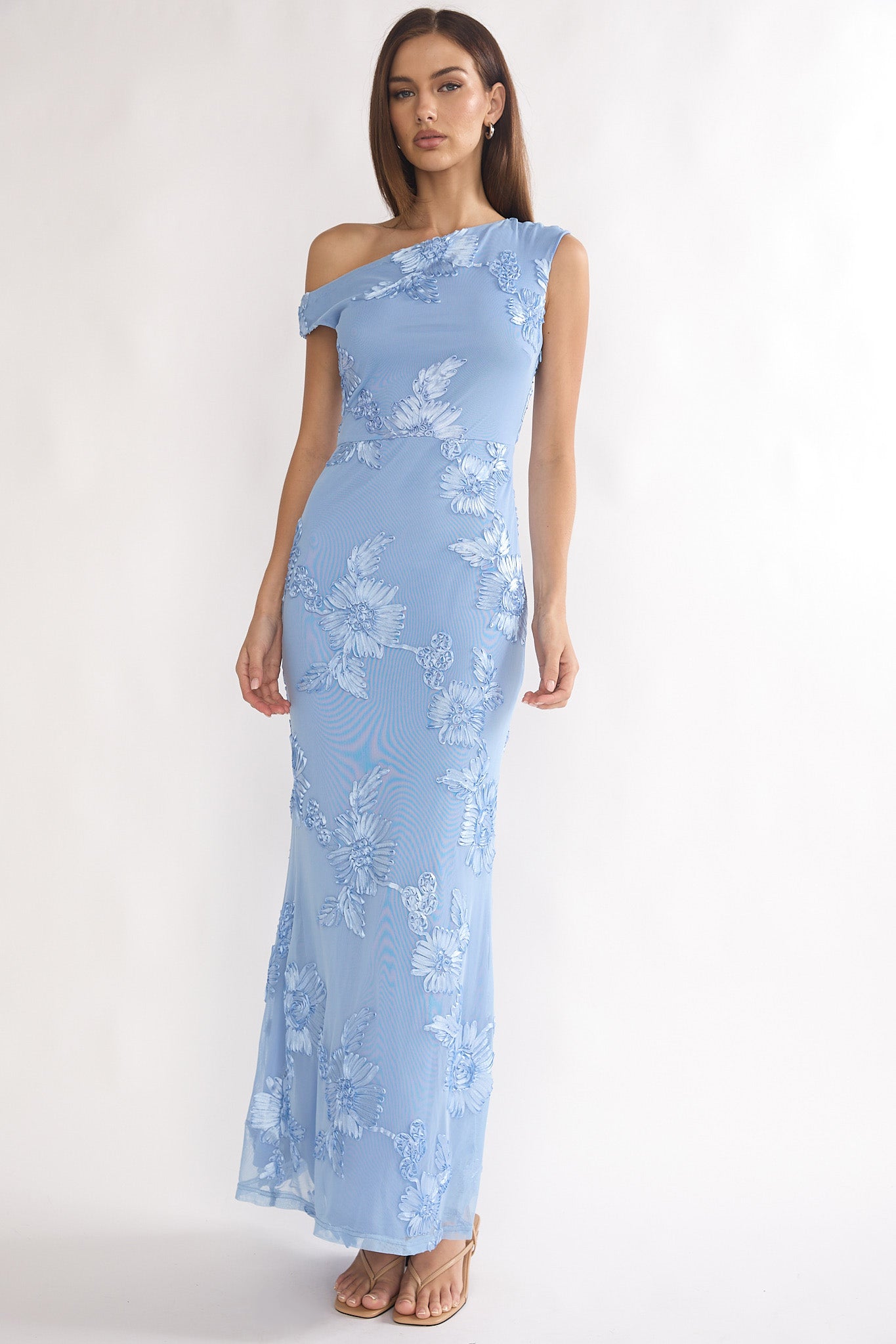 Moonlit Magic Asymmetric Neckline Embellished Maxi Dress Blue-Maymioy