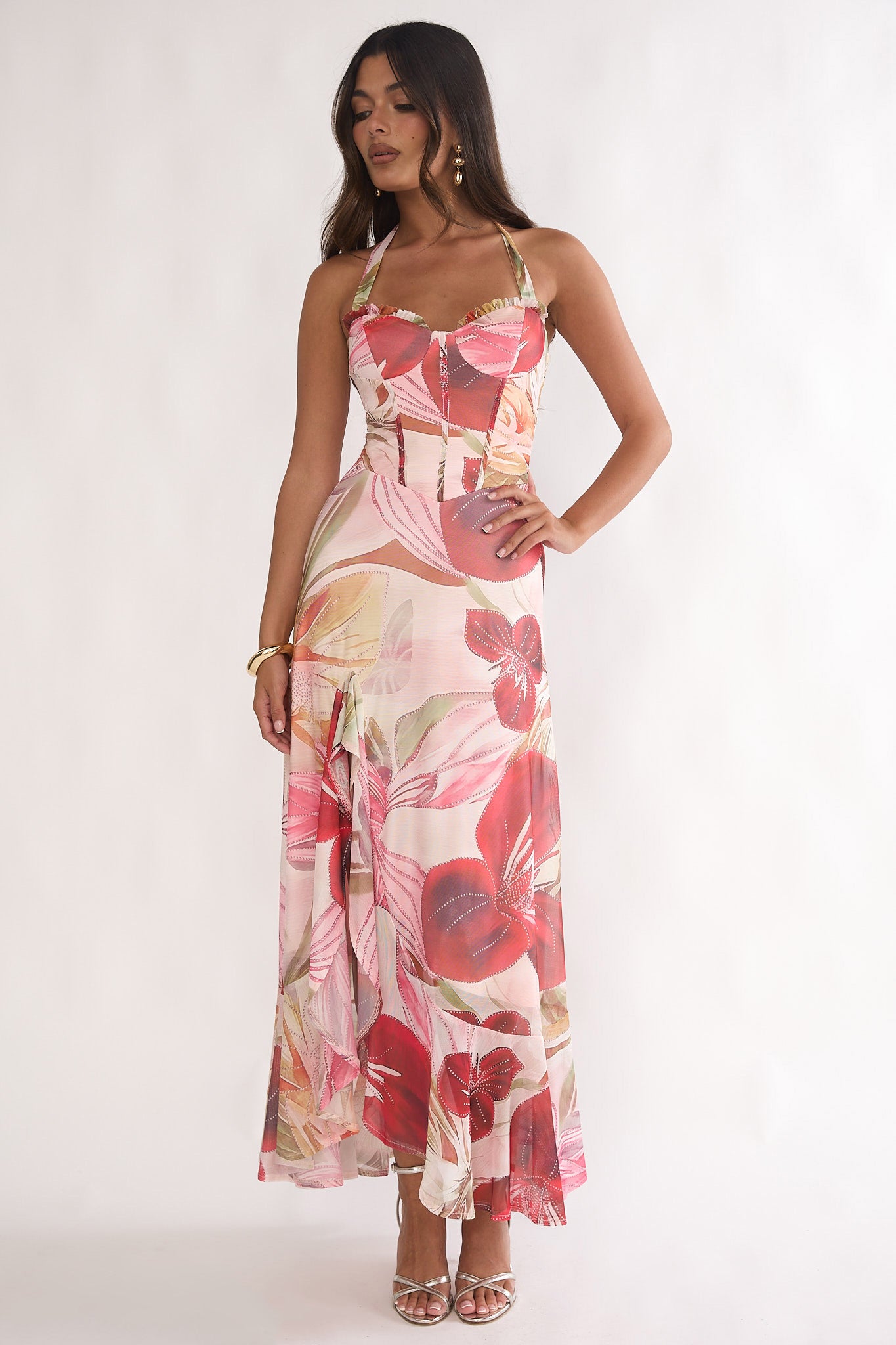 Moonlit Magic Halterneck Split Maxi Dress Floral Red-Maymioy