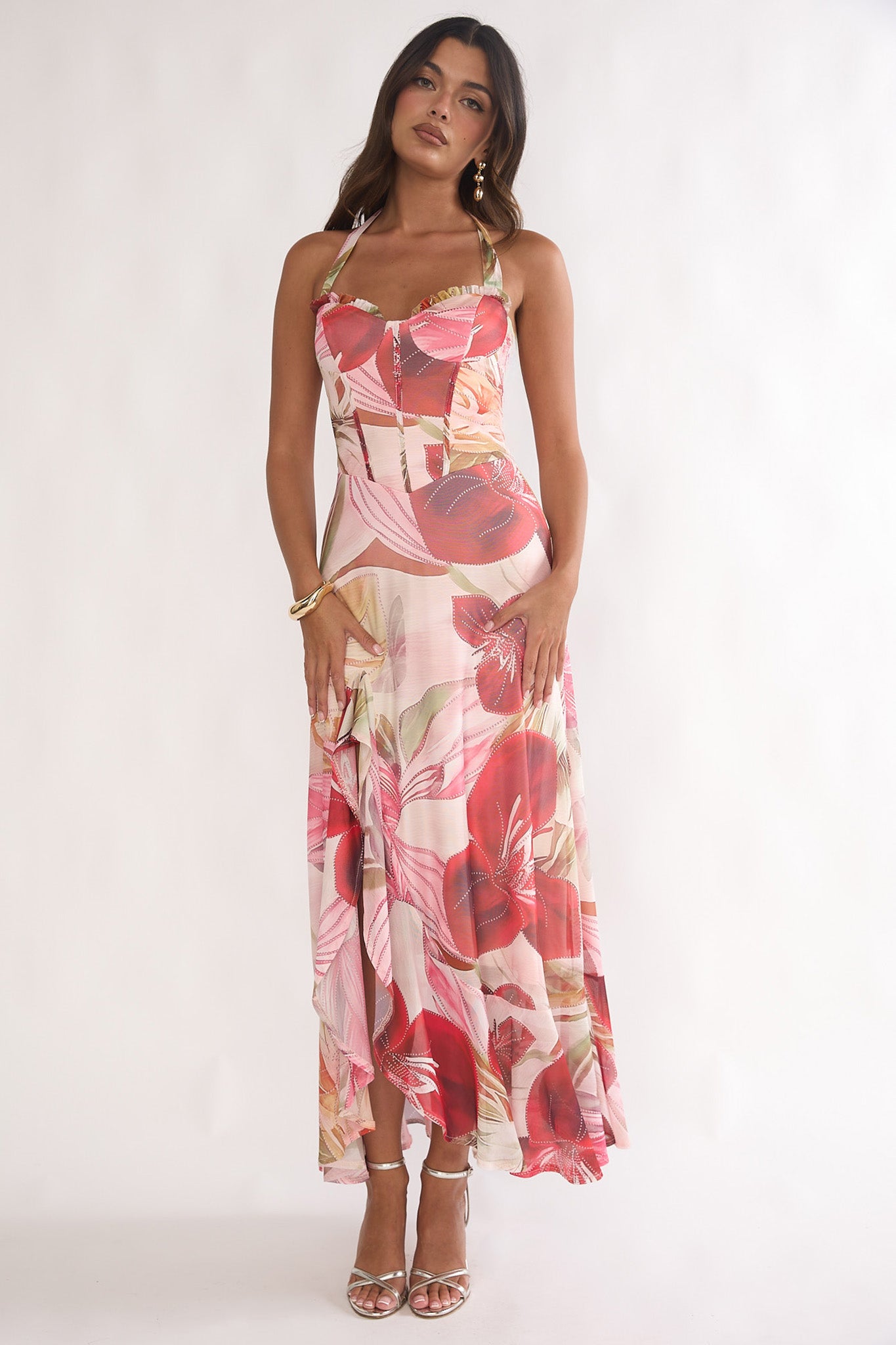 Moonlit Magic Halterneck Split Maxi Dress Floral Red-Maymioy