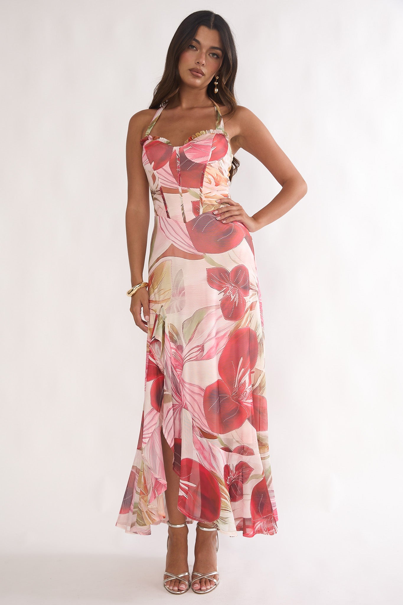 Moonlit Magic Halterneck Split Maxi Dress Floral Red-Maymioy