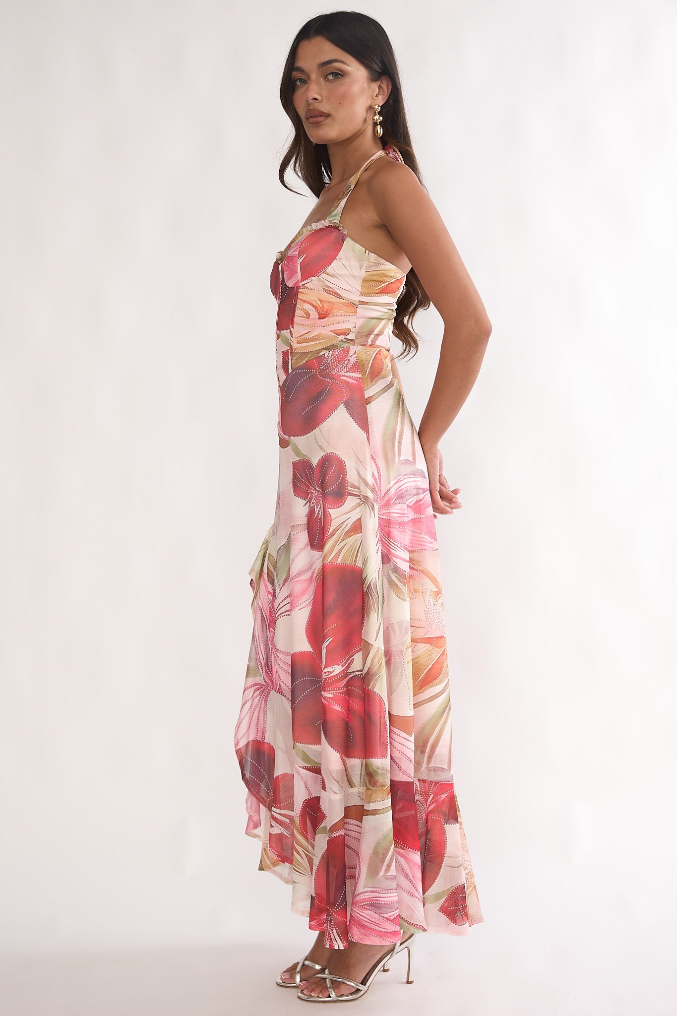 Moonlit Magic Halterneck Split Maxi Dress Floral Red-Maymioy