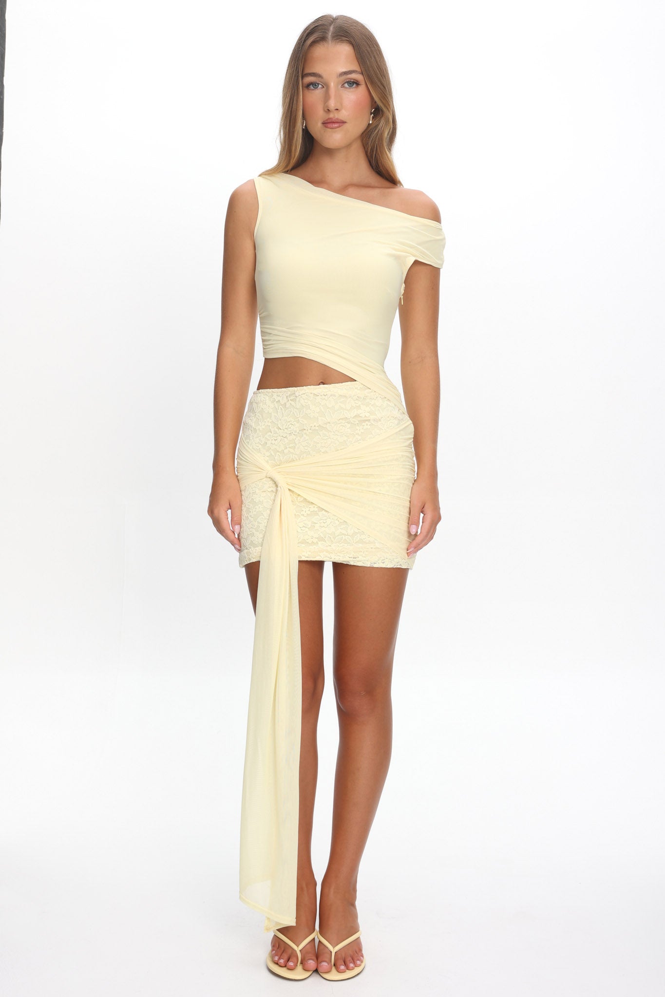 Moonlit Magic Asymmetric Neckline Mini Dress Yellow-Maymioy