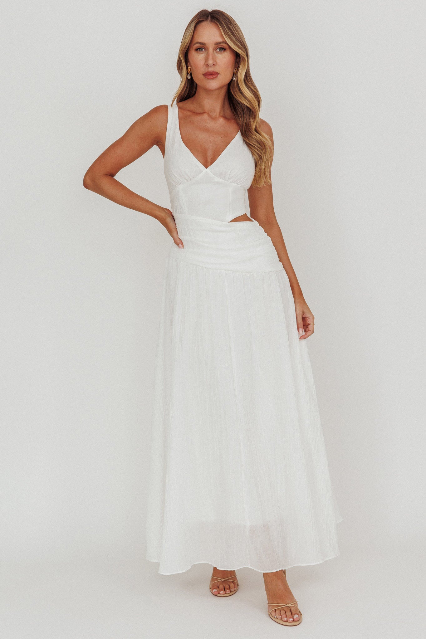 First Dates Waist Cut-Out Maxi Dress White-Maymioy