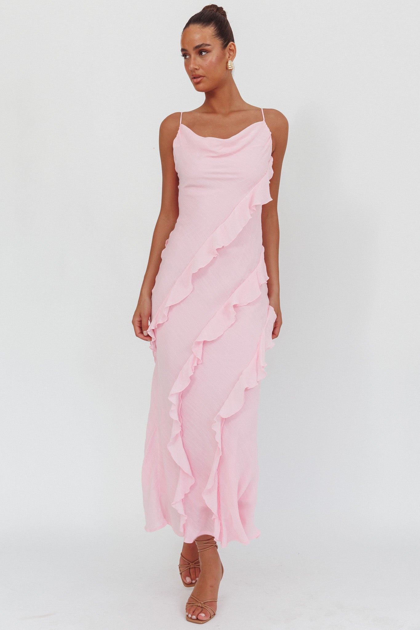 Panama Bay Ruffle Trim Cowl Neck Maxi Dress Pink-Maymioy