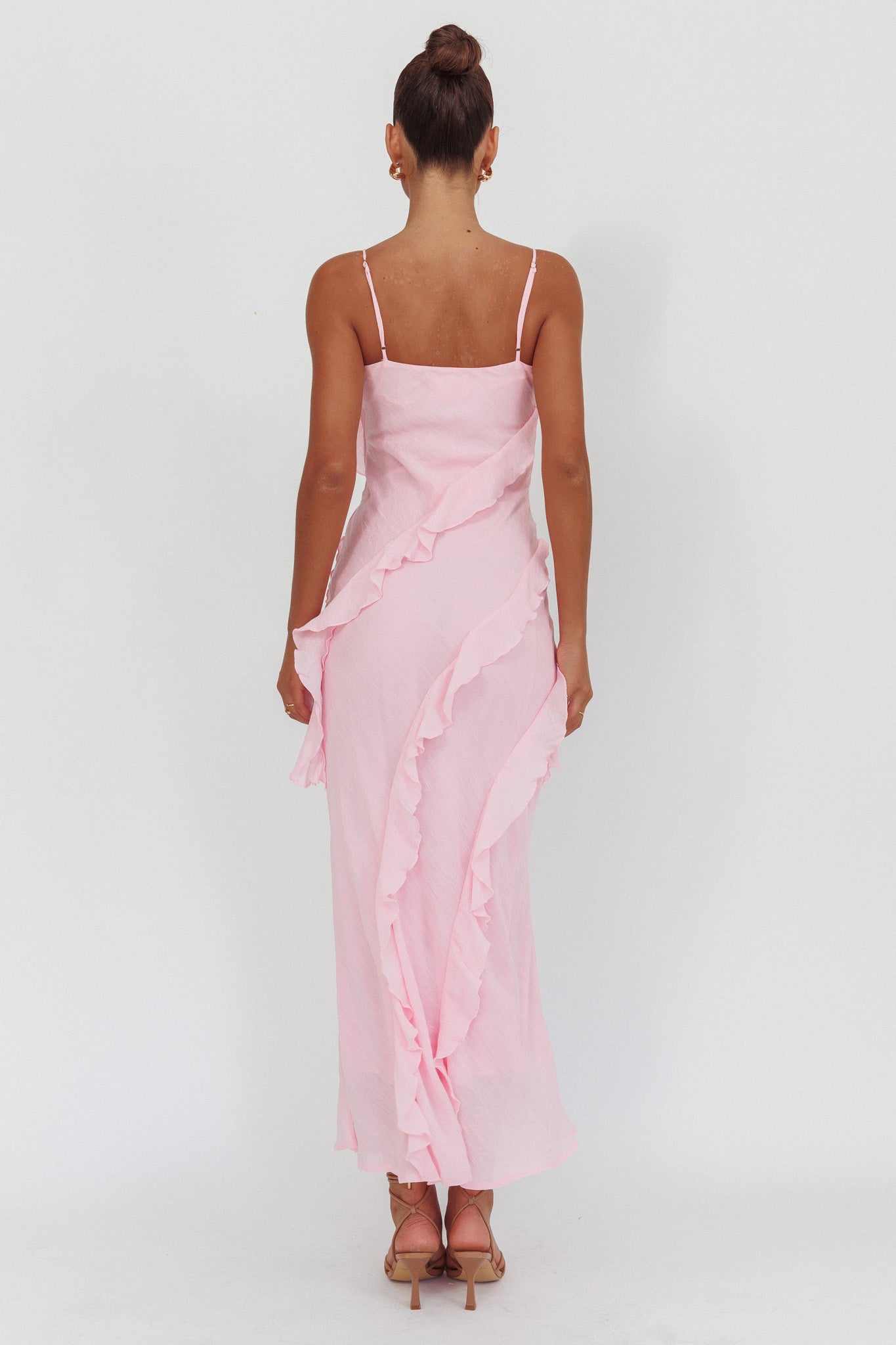 Panama Bay Ruffle Trim Cowl Neck Maxi Dress Pink-Maymioy