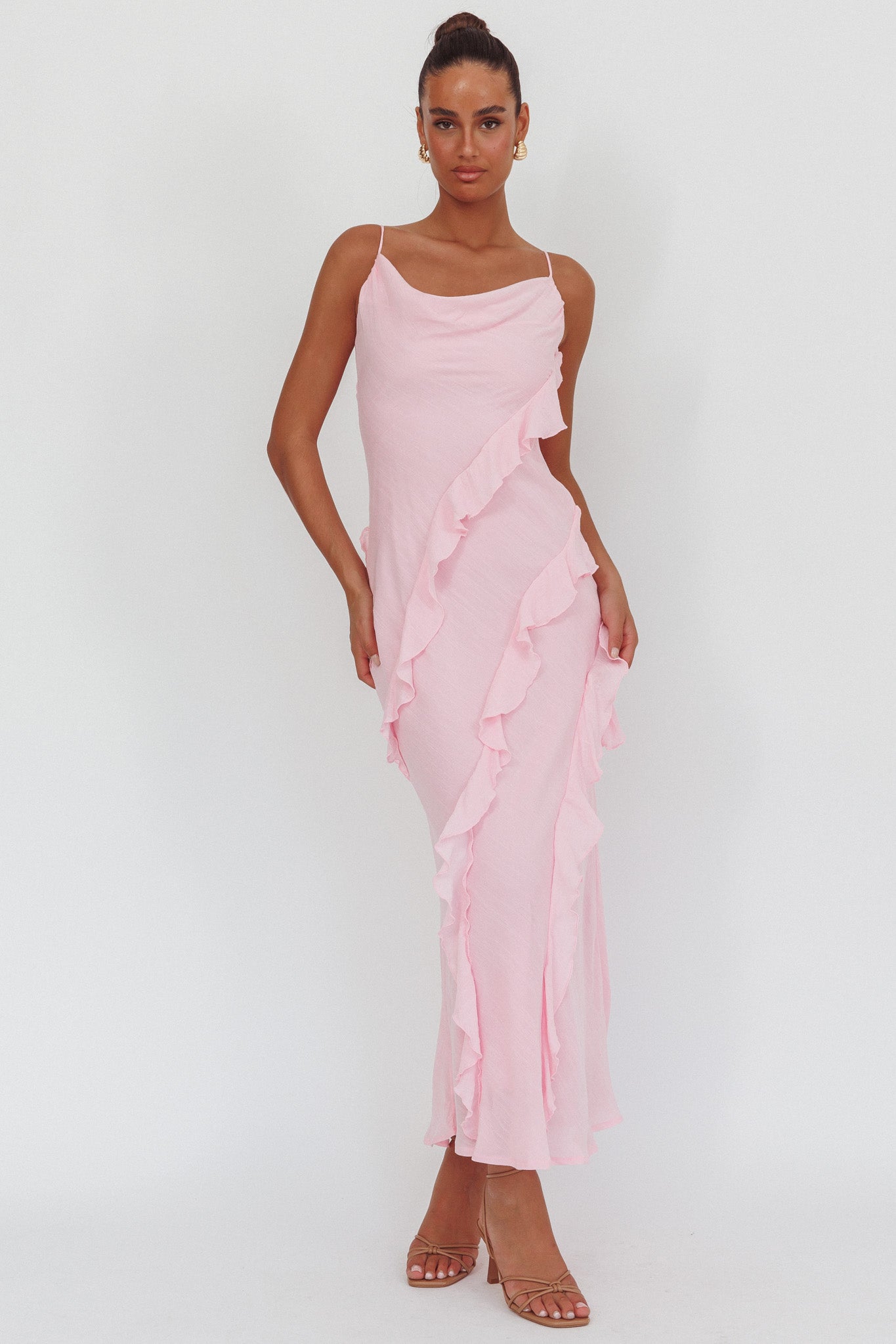 Panama Bay Ruffle Trim Cowl Neck Maxi Dress Pink-Maymioy