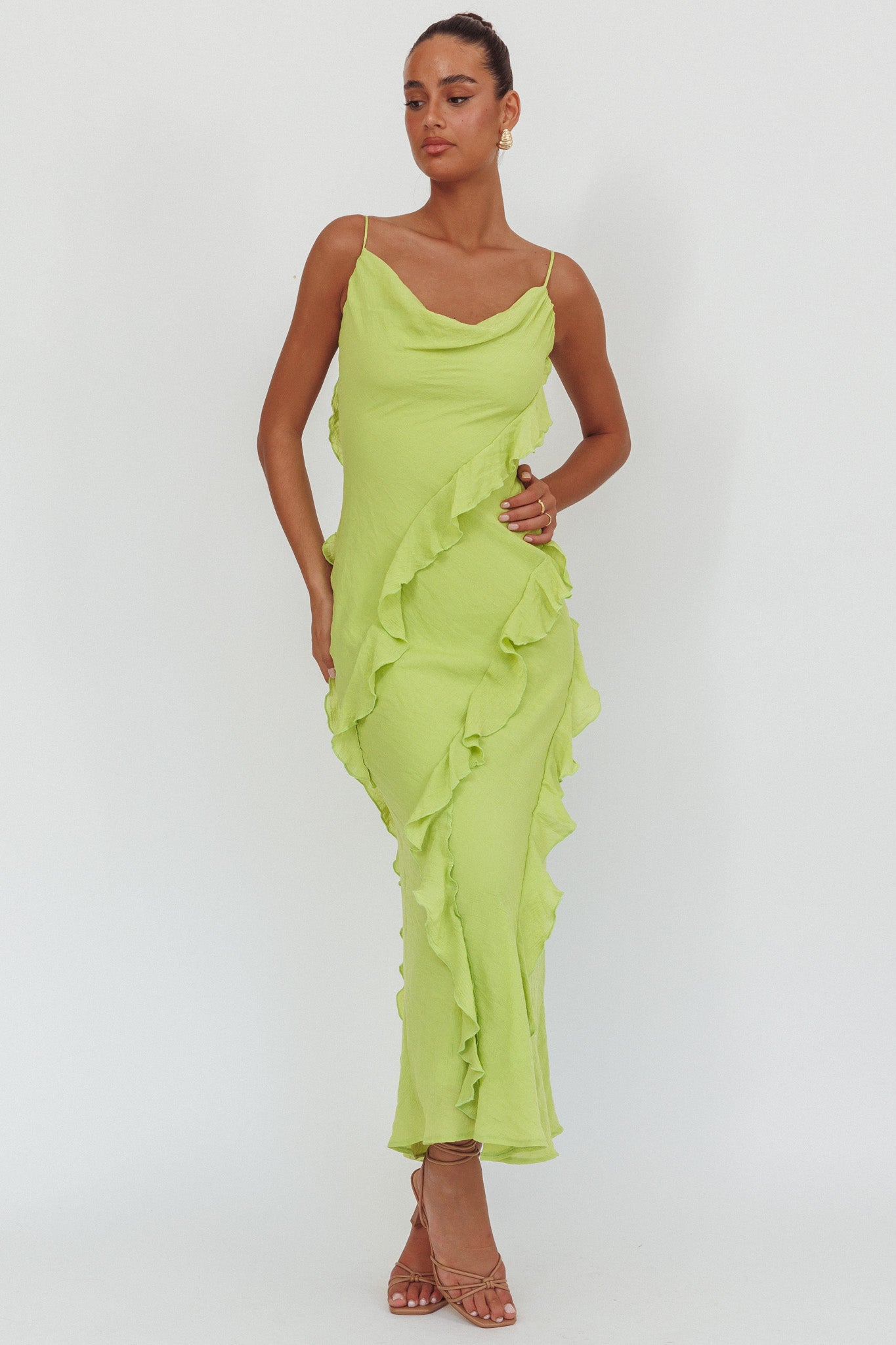 Panama Bay Ruffle Trim Cowl Neck Maxi Dress Sage-Maymioy