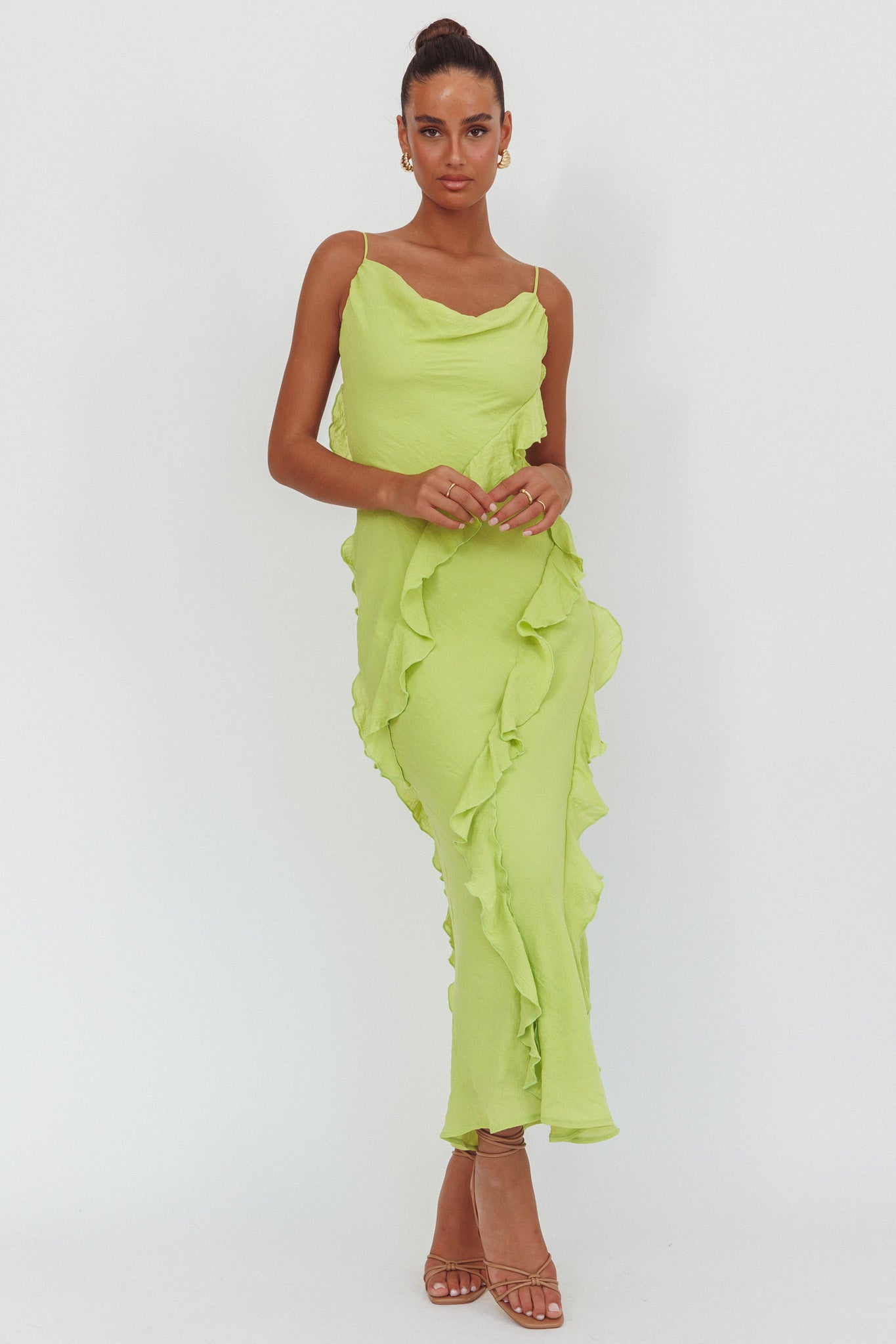Panama Bay Ruffle Trim Cowl Neck Maxi Dress Sage-Maymioy