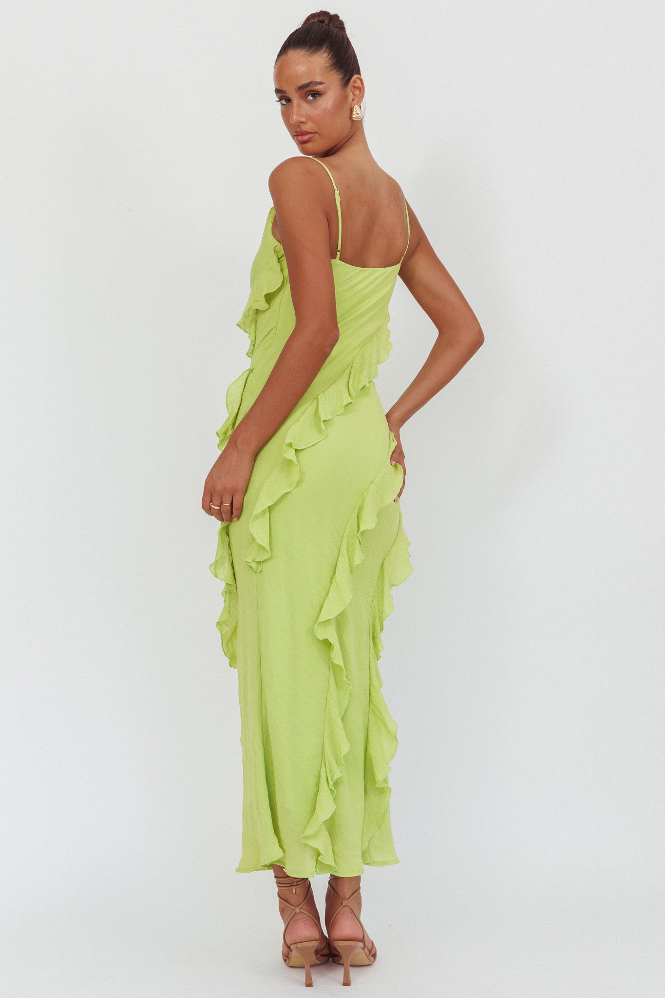 Panama Bay Ruffle Trim Cowl Neck Maxi Dress Sage-Maymioy