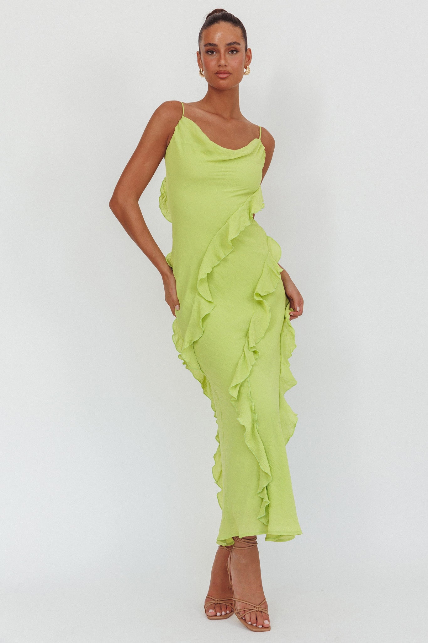 Panama Bay Ruffle Trim Cowl Neck Maxi Dress Sage-Maymioy