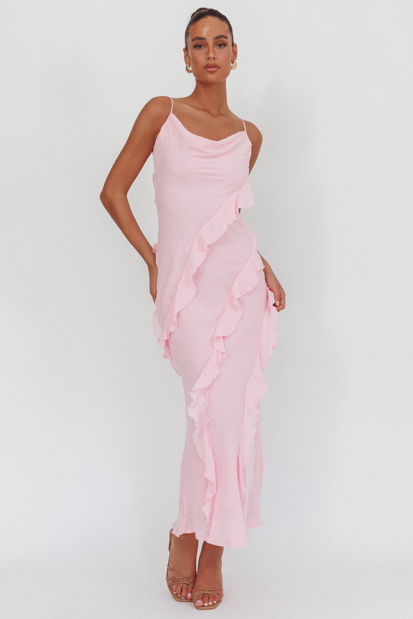 Panama Bay Ruffle Trim Cowl Neck Maxi Dress Pink-Maymioy