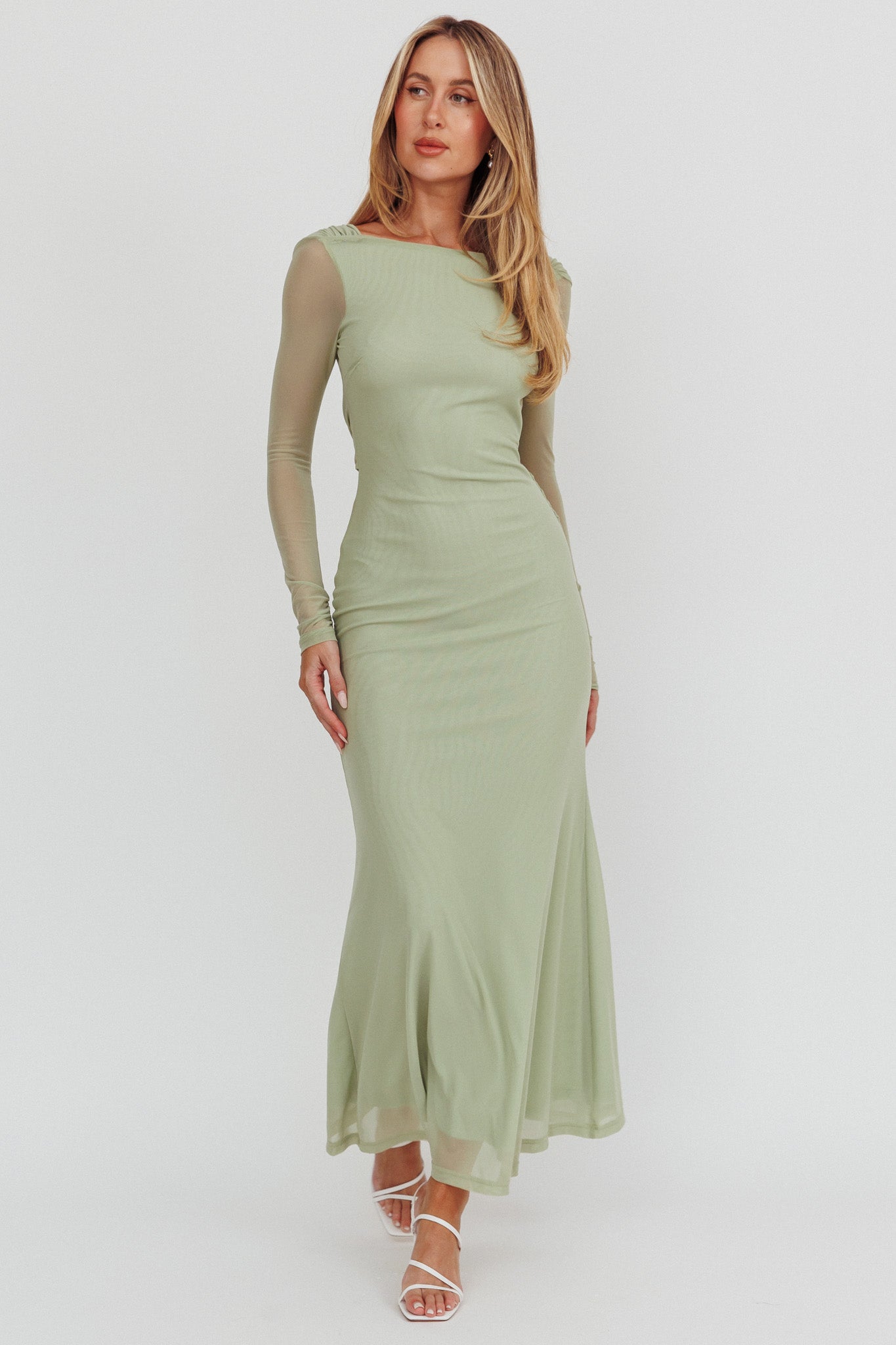 Lustre Open Back Mesh Maxi Dress Sage-Maymioy