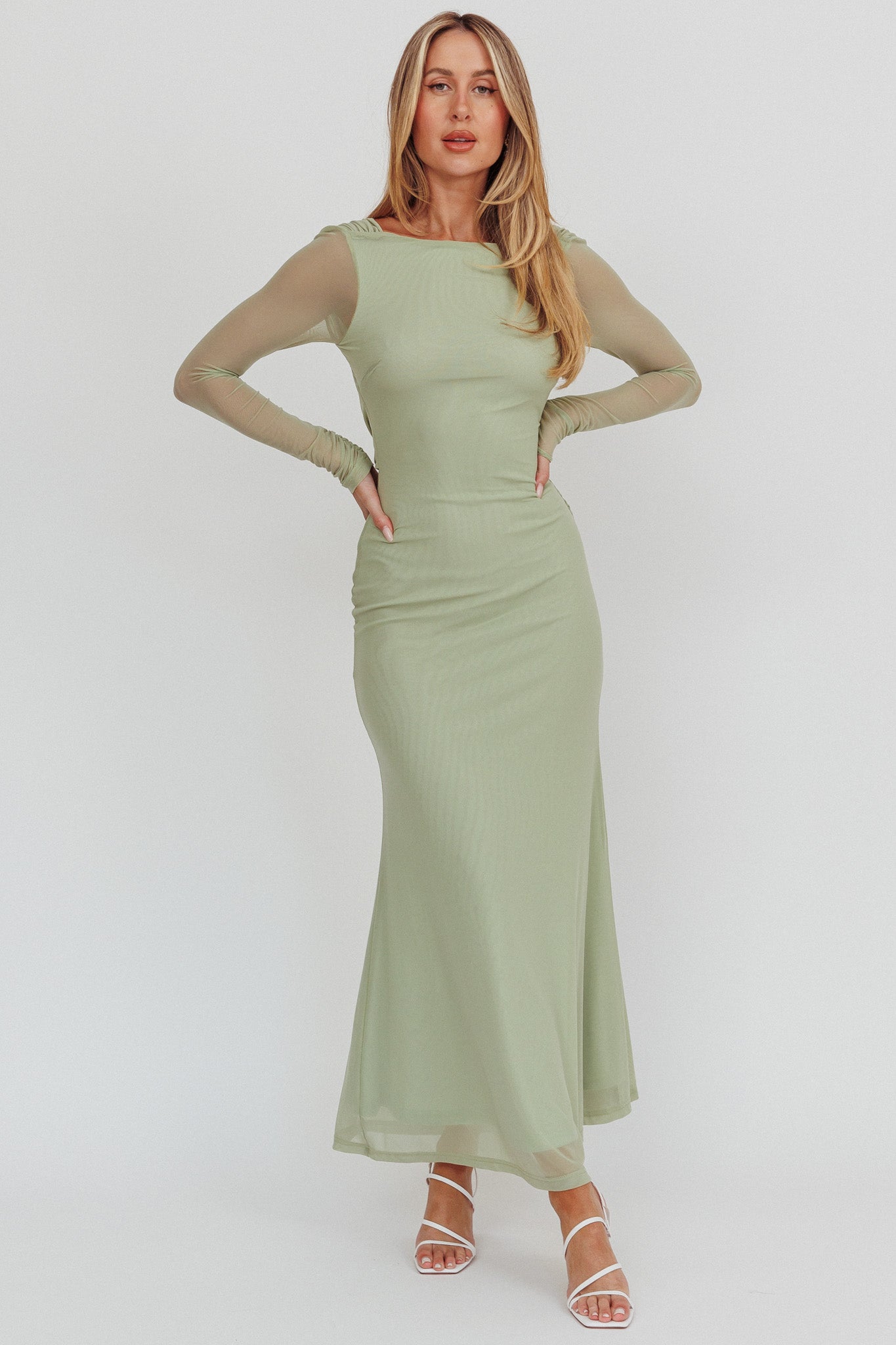Lustre Open Back Mesh Maxi Dress Sage-Maymioy