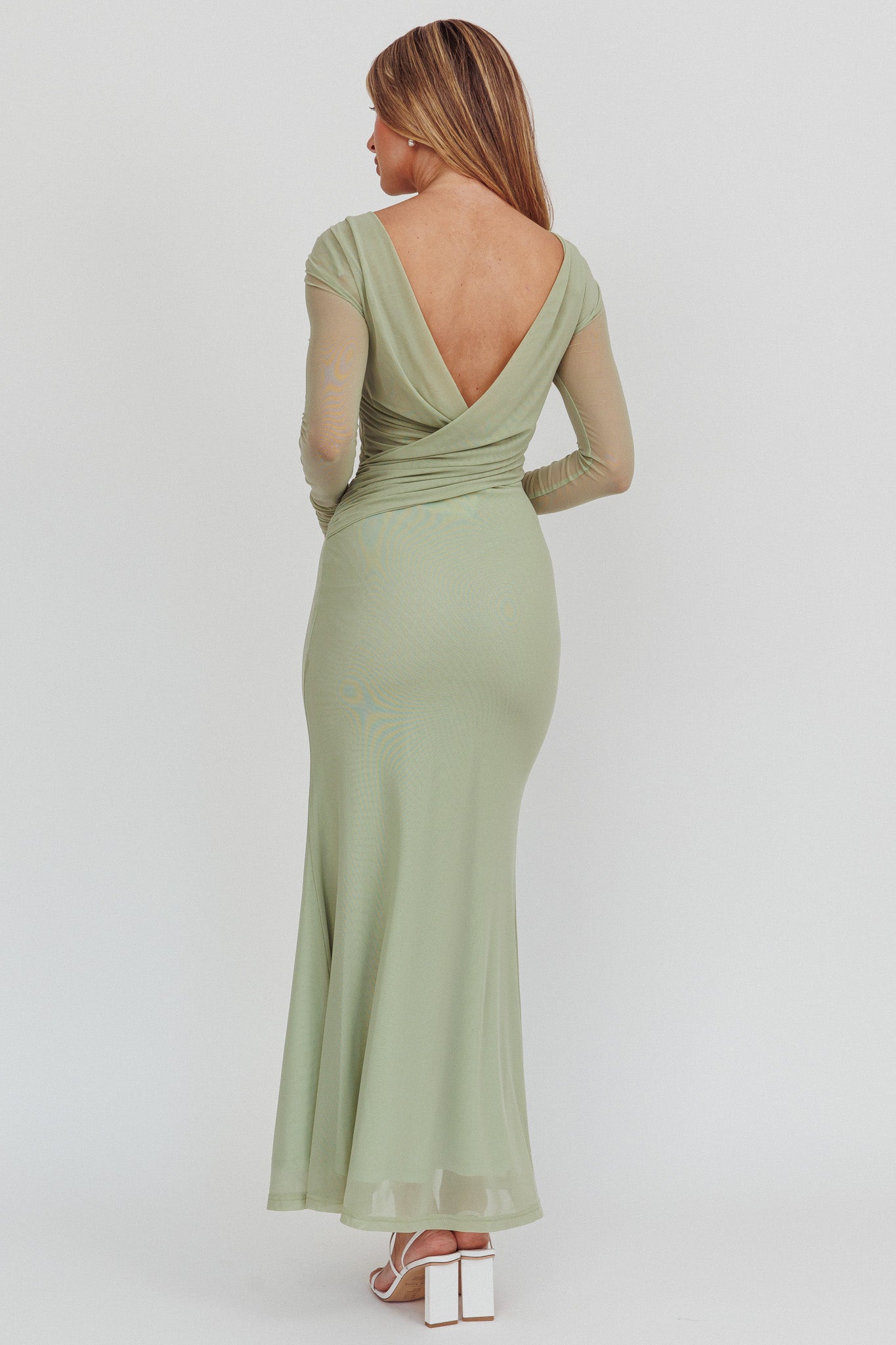 Lustre Open Back Mesh Maxi Dress Sage-Maymioy