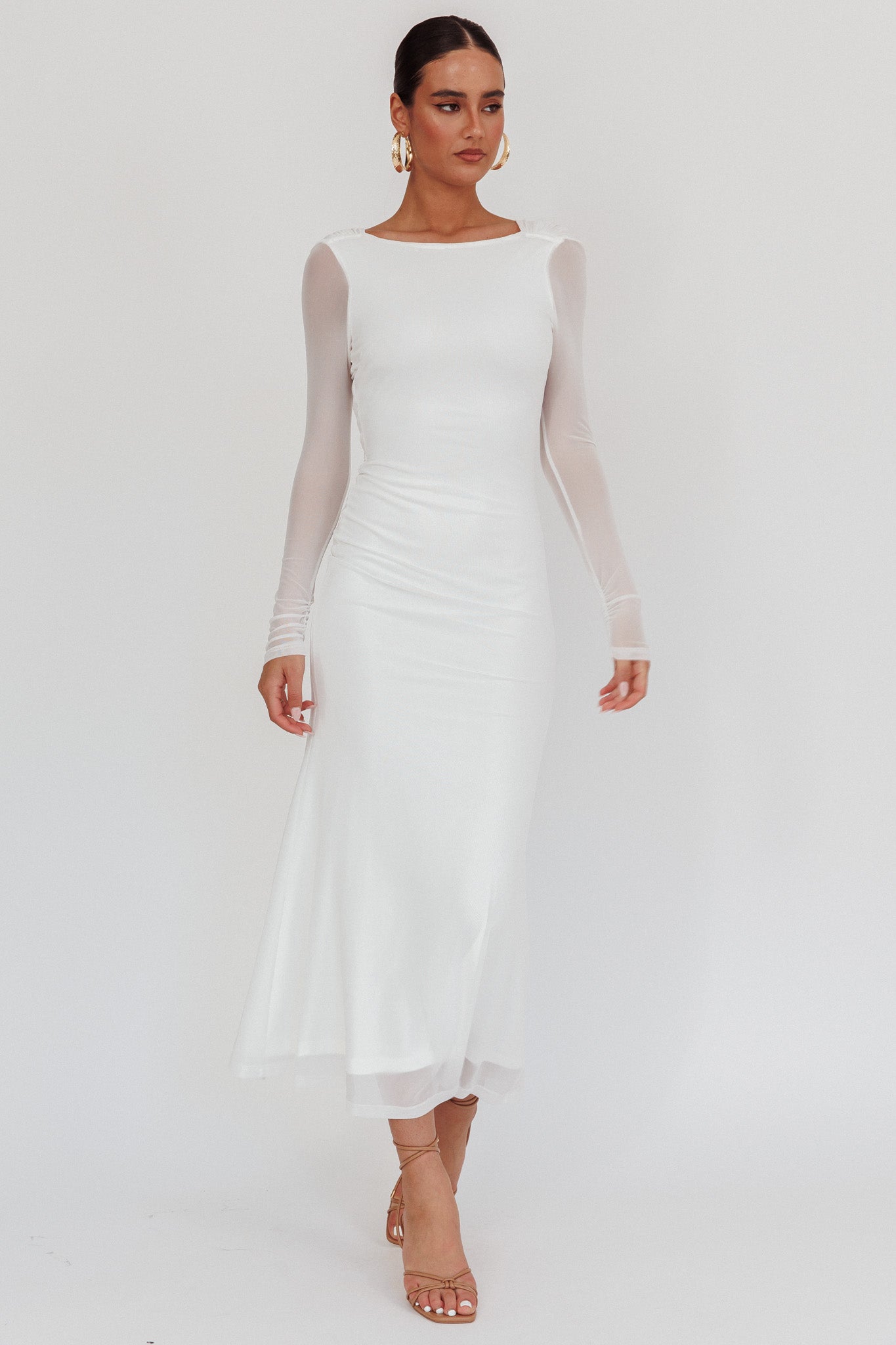 Lustre Open Back Mesh Maxi Dress White-Maymioy
