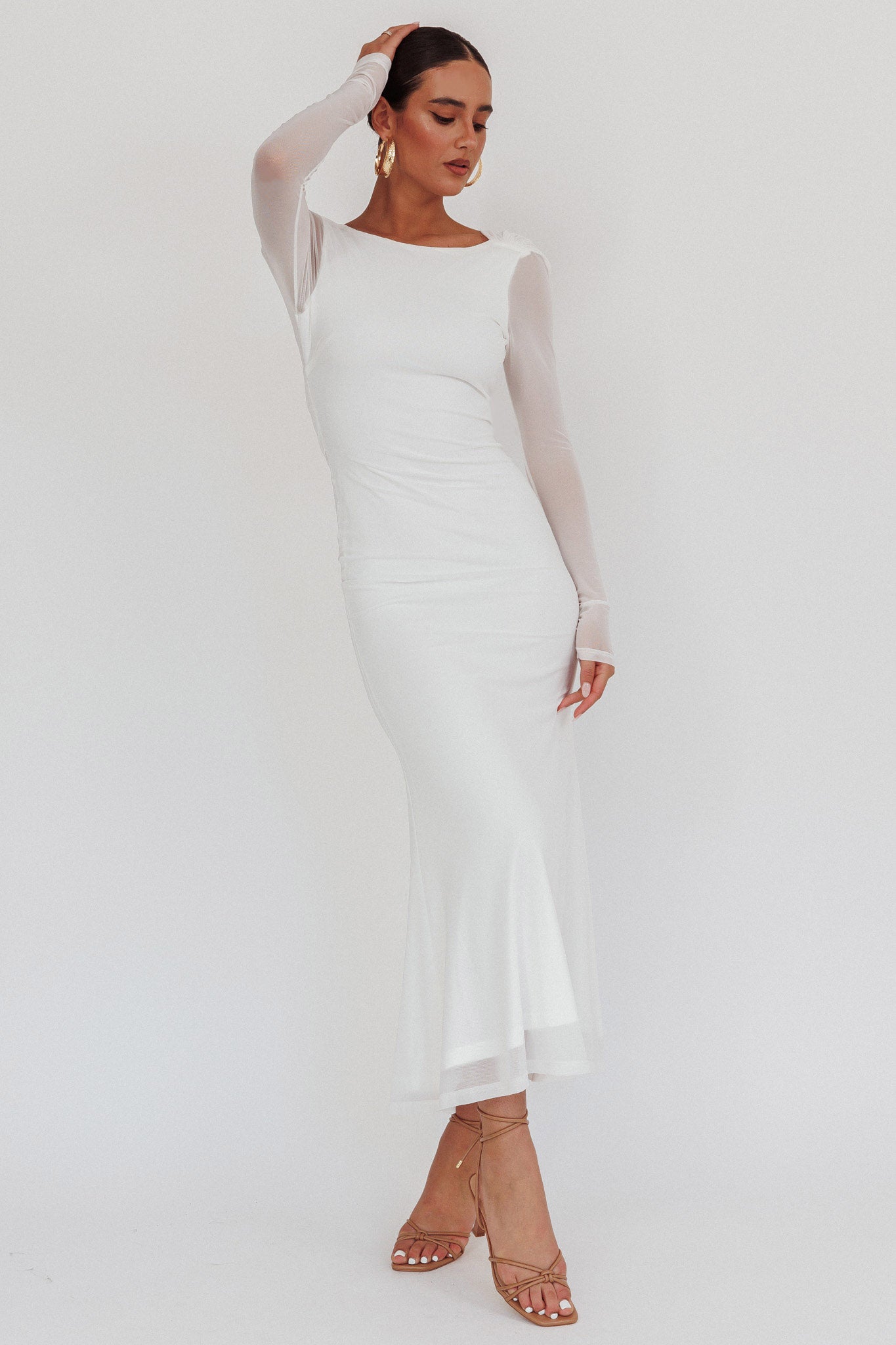Lustre Open Back Mesh Maxi Dress White-Maymioy