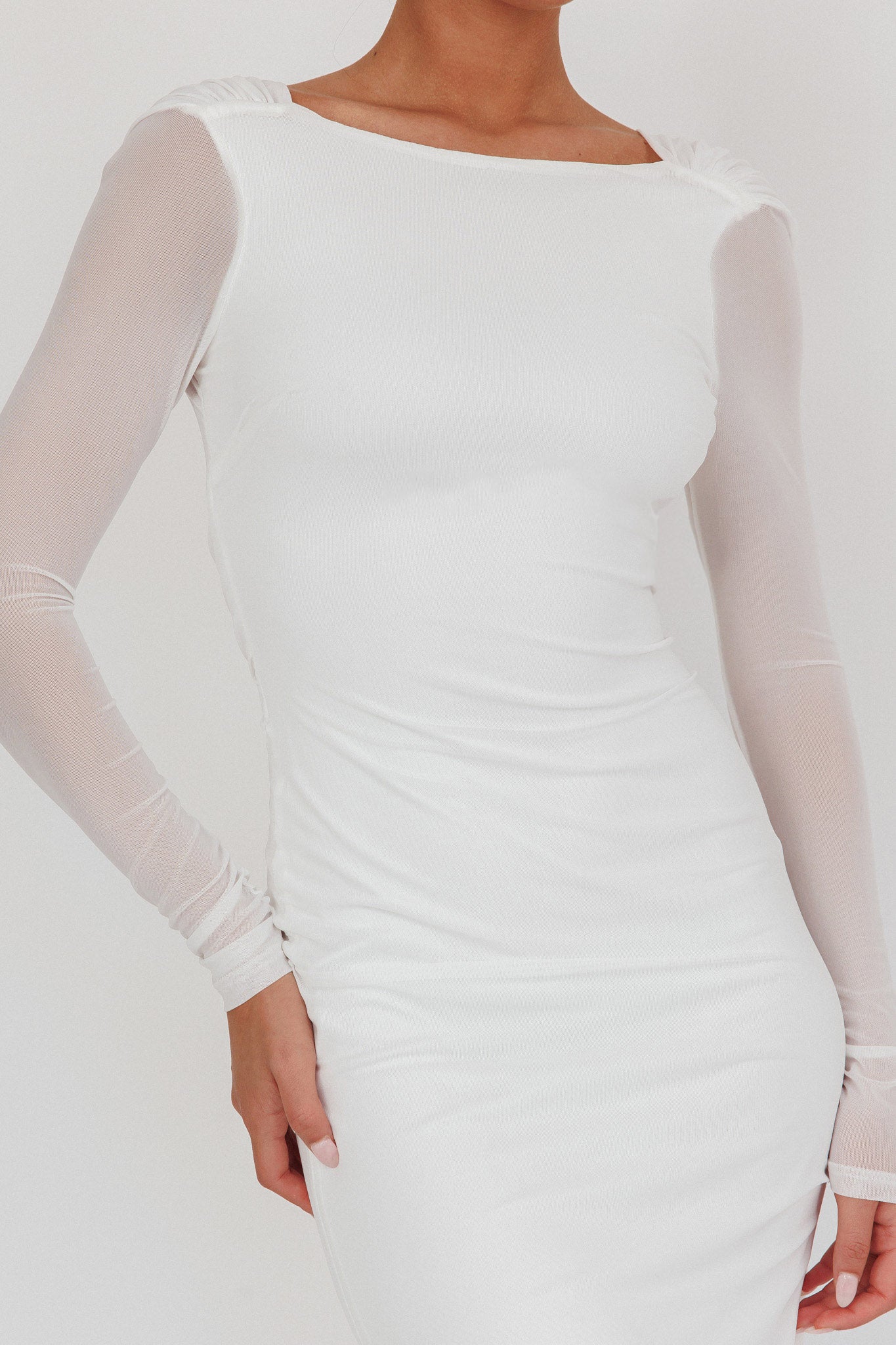 Lustre Open Back Mesh Maxi Dress White-Maymioy