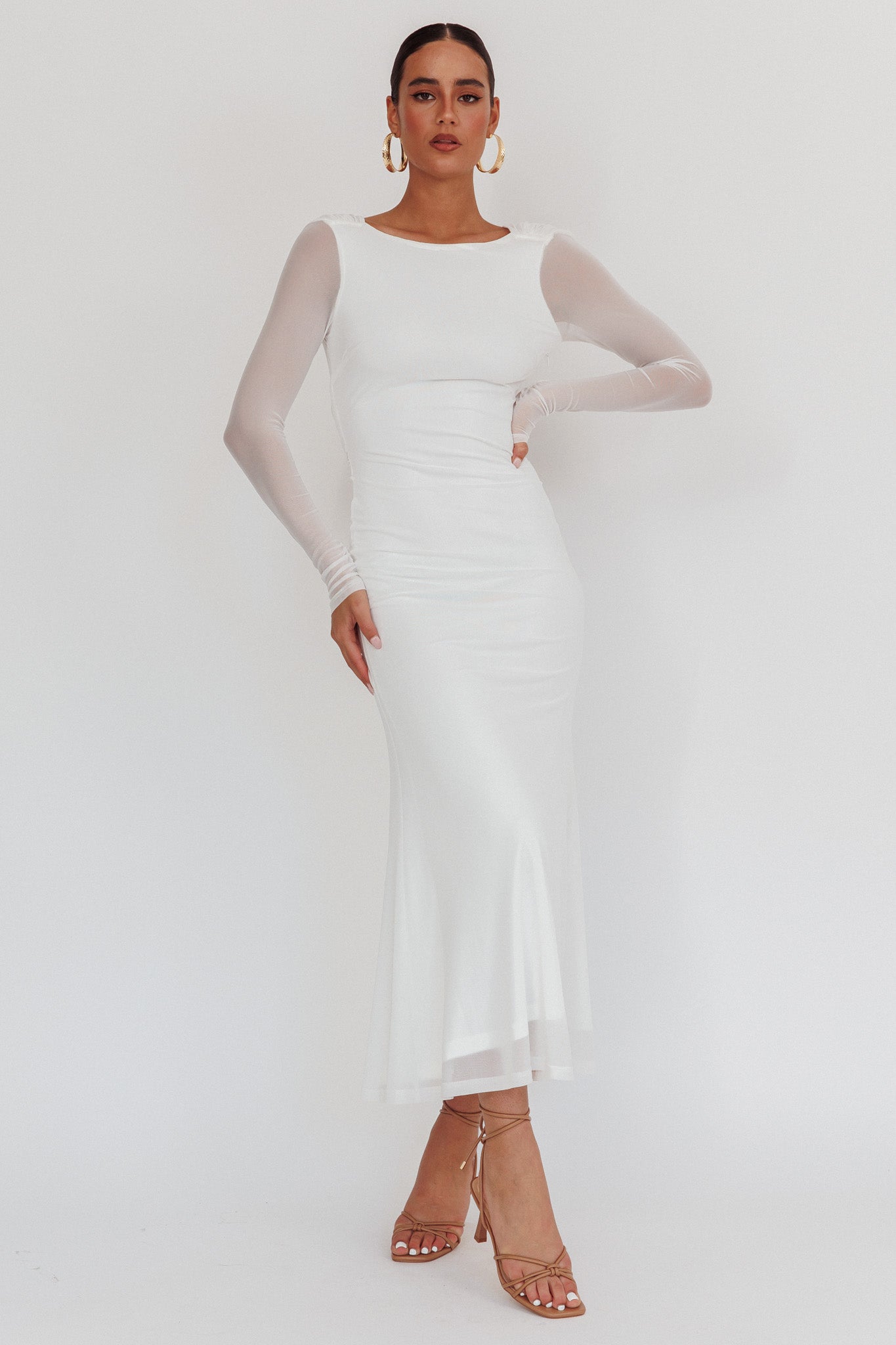Lustre Open Back Mesh Maxi Dress White-Maymioy