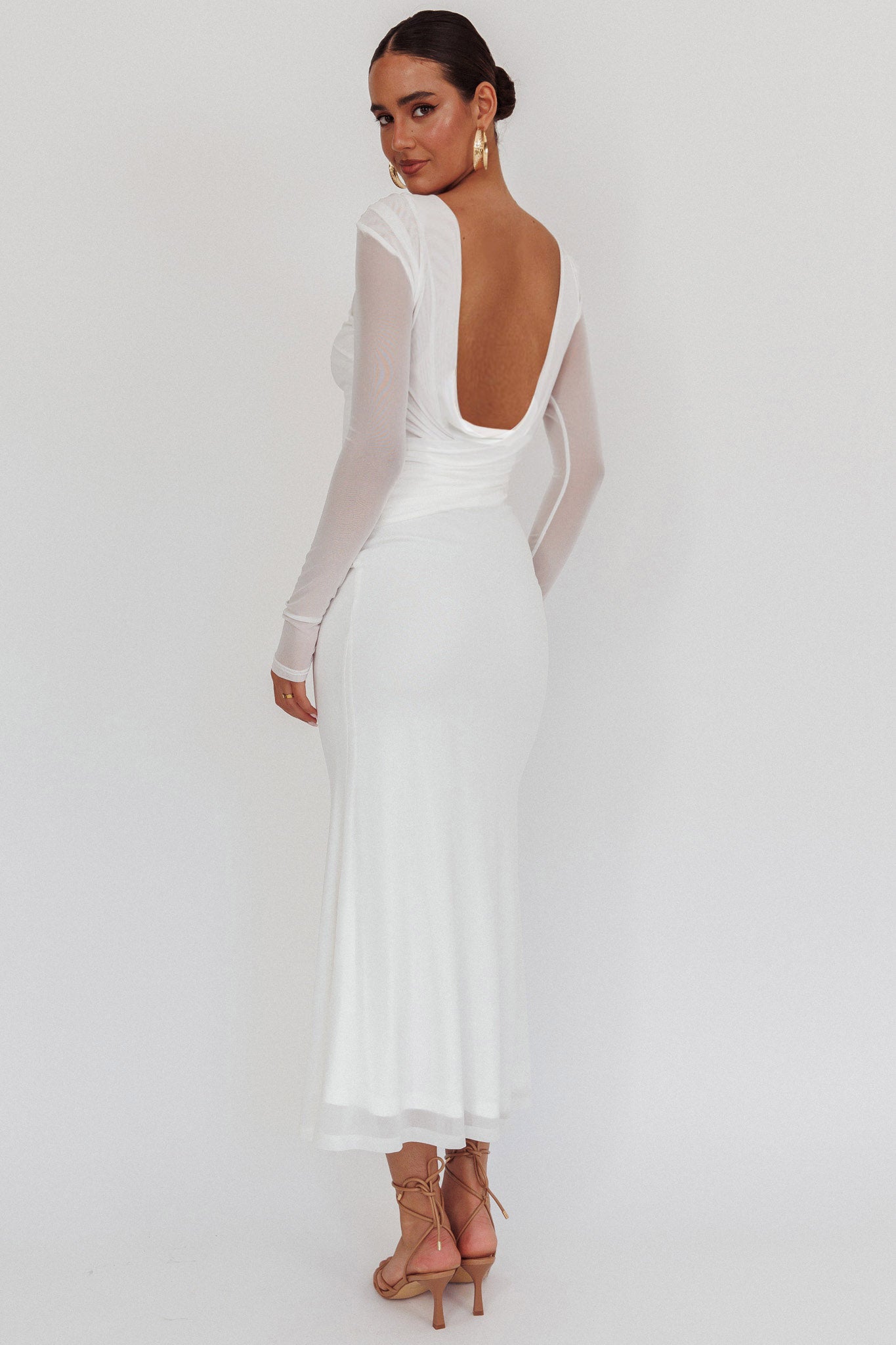 Lustre Open Back Mesh Maxi Dress White-Maymioy