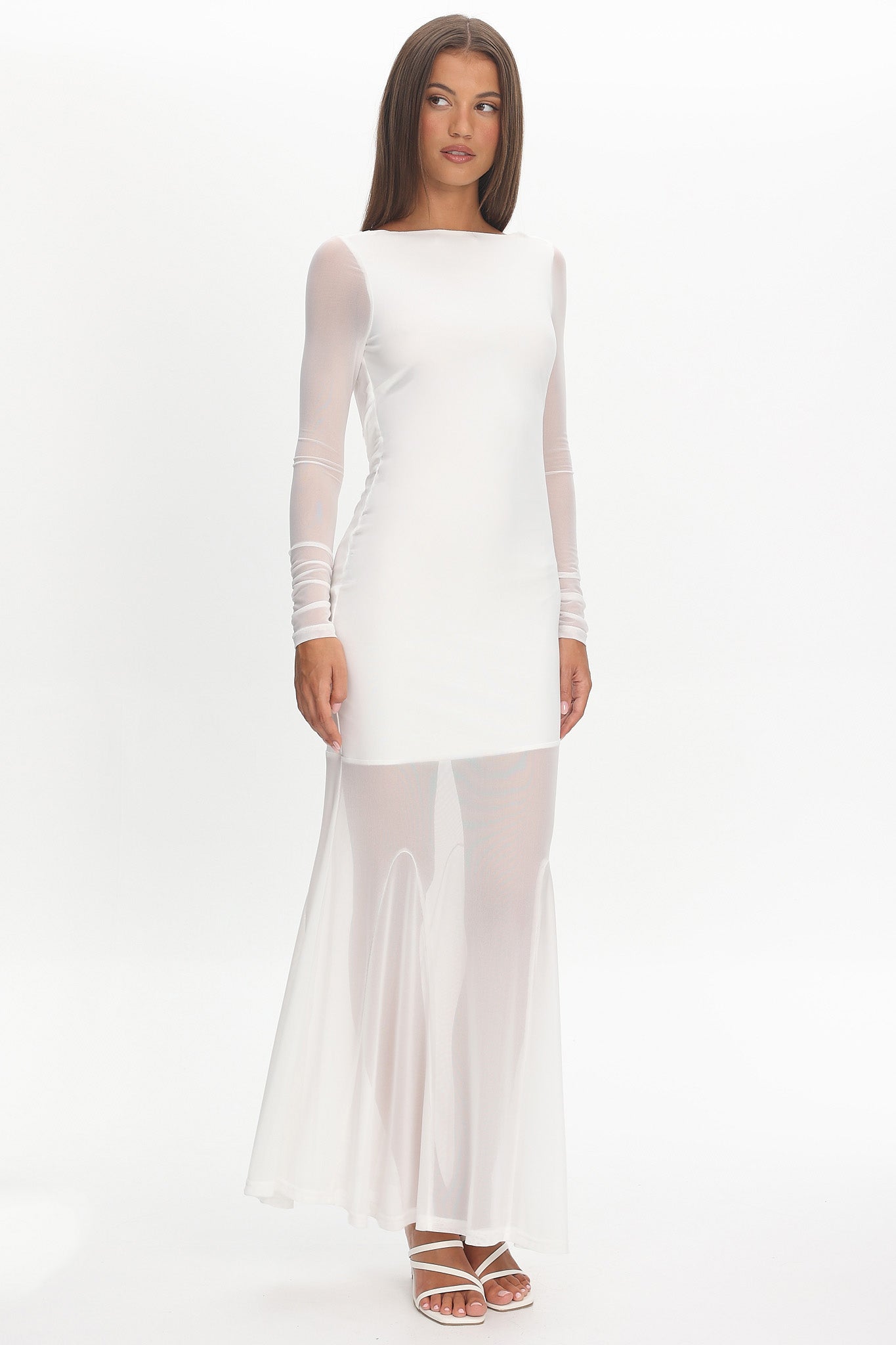 Lustre Long Sleeve Open Back Maxi Dress White-Maymioy