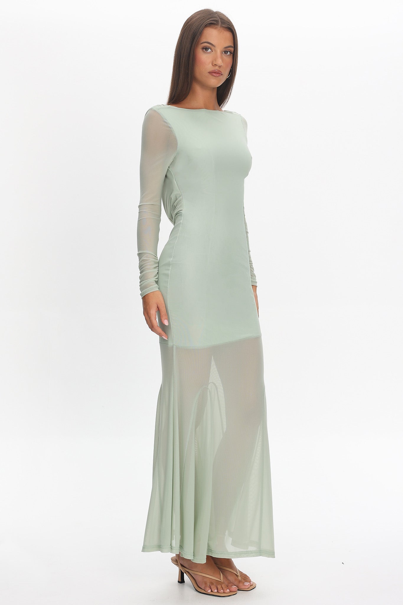 Lustre Long Sleeve Open Back Maxi Dress Sage-Maymioy