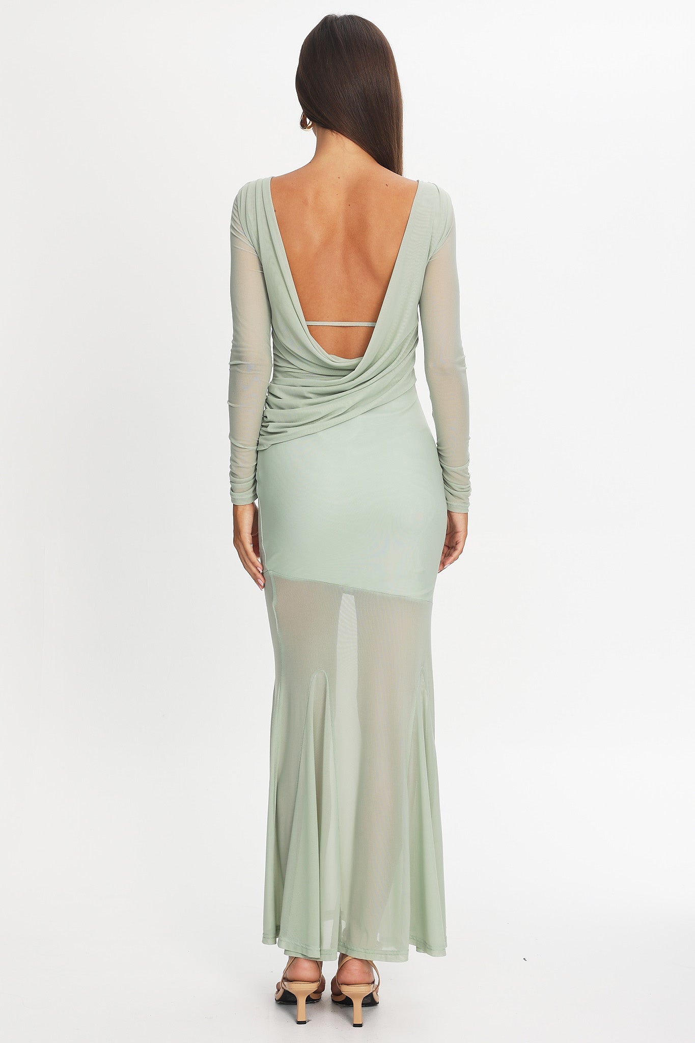 Lustre Long Sleeve Open Back Maxi Dress Sage-Maymioy