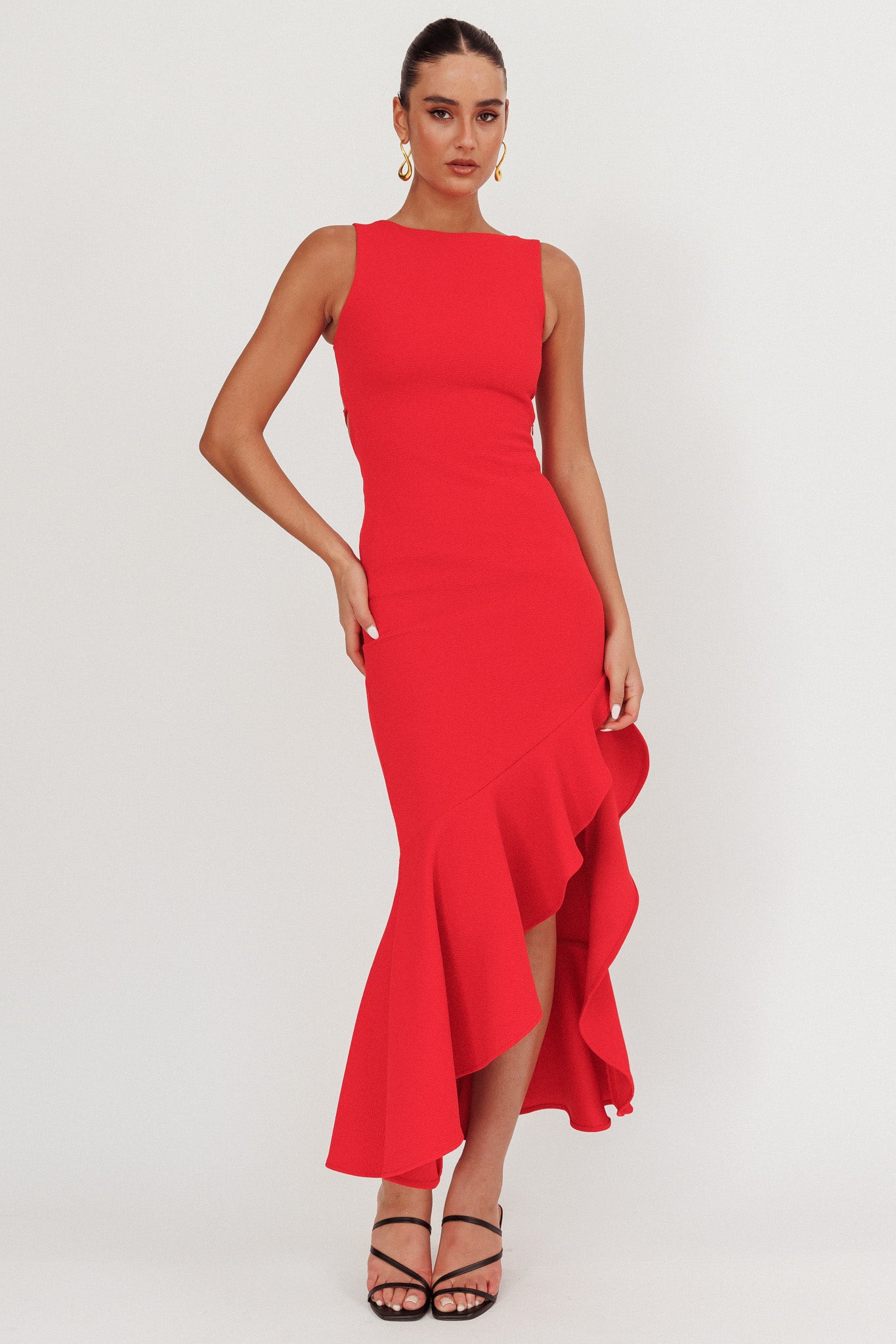 Lights On Asymmetric Hem Maxi Dress Red-Maymioy