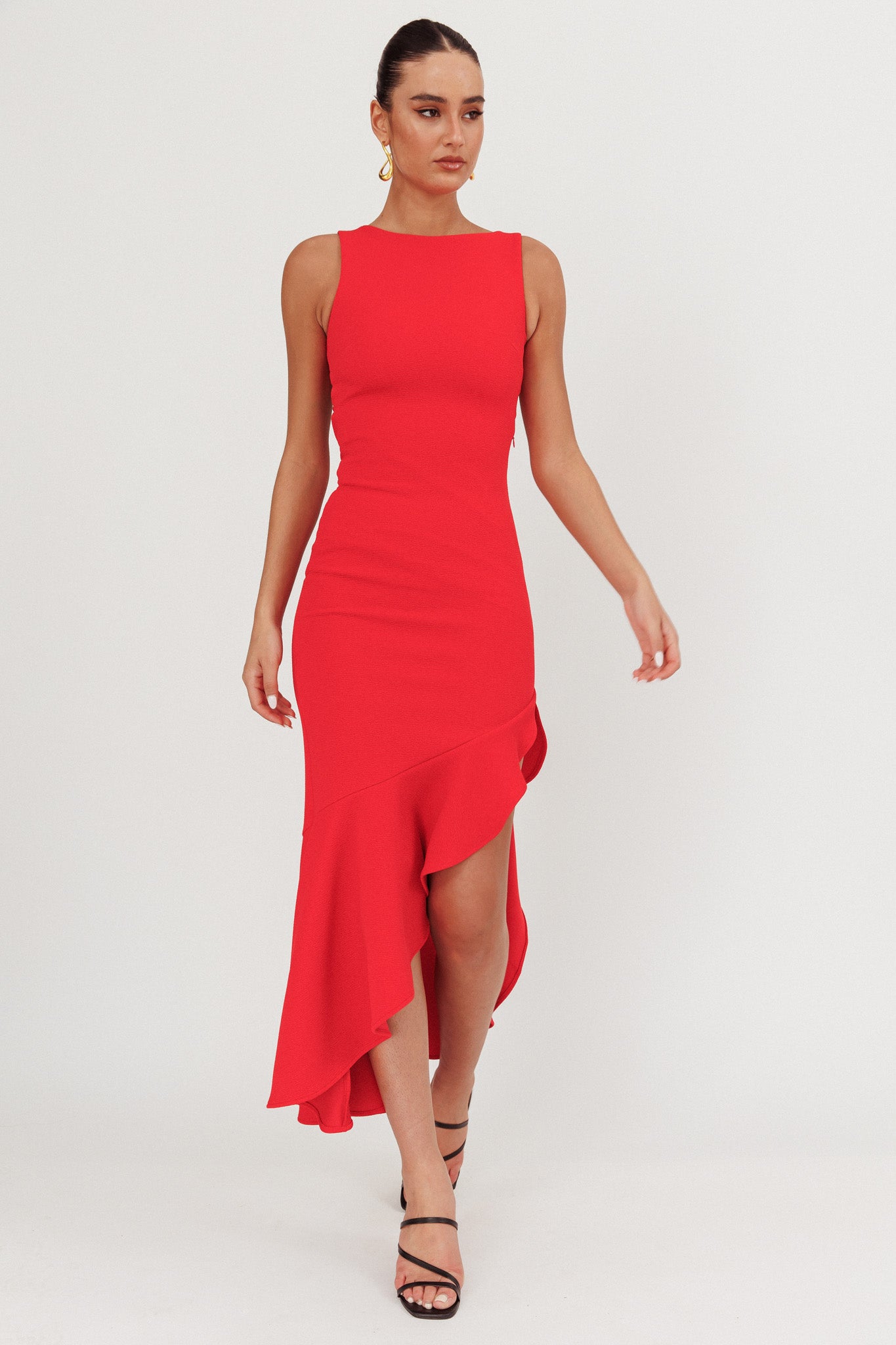 Lights On Asymmetric Hem Maxi Dress Red-Maymioy