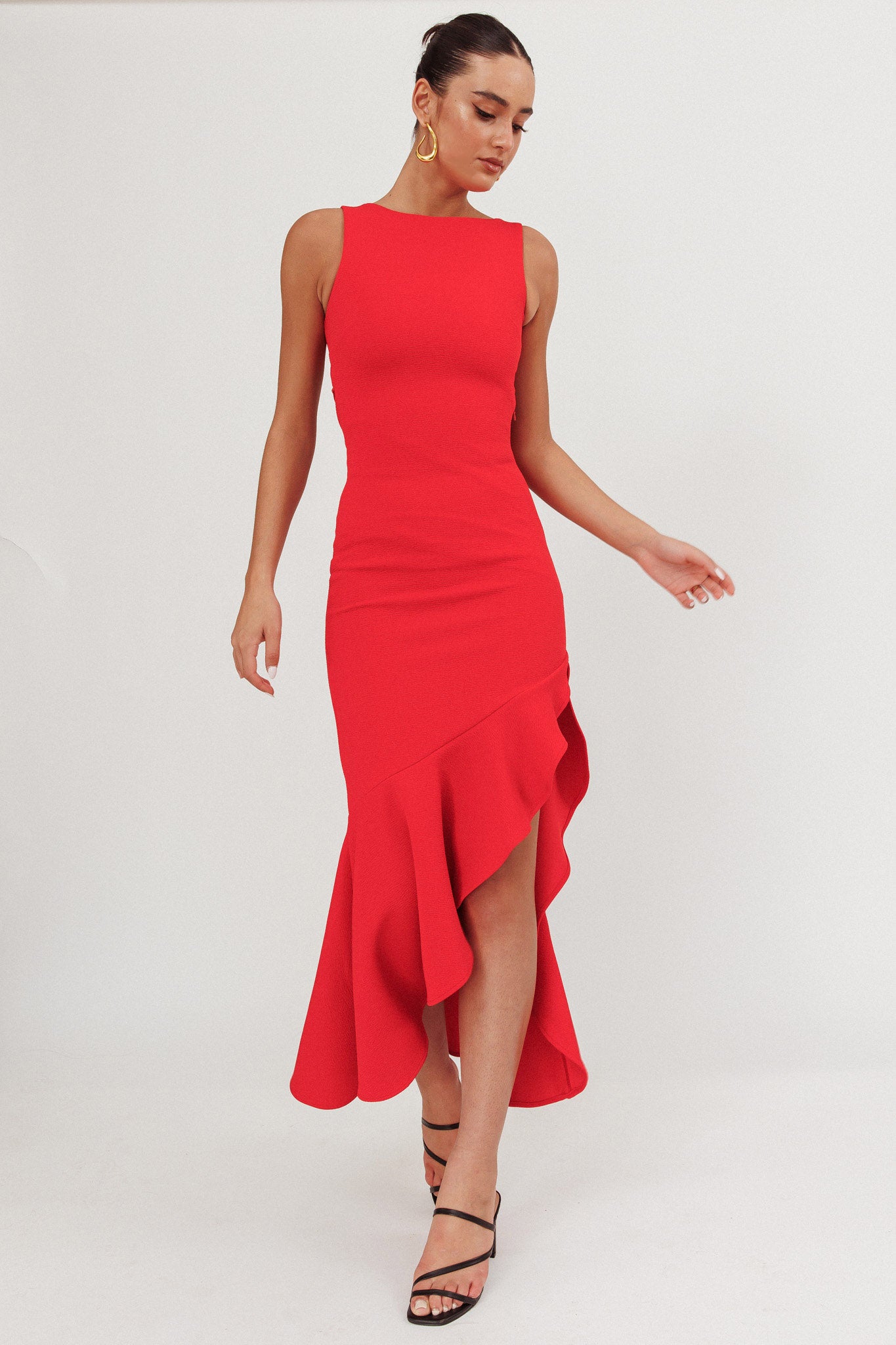 Lights On Asymmetric Hem Maxi Dress Red-Maymioy