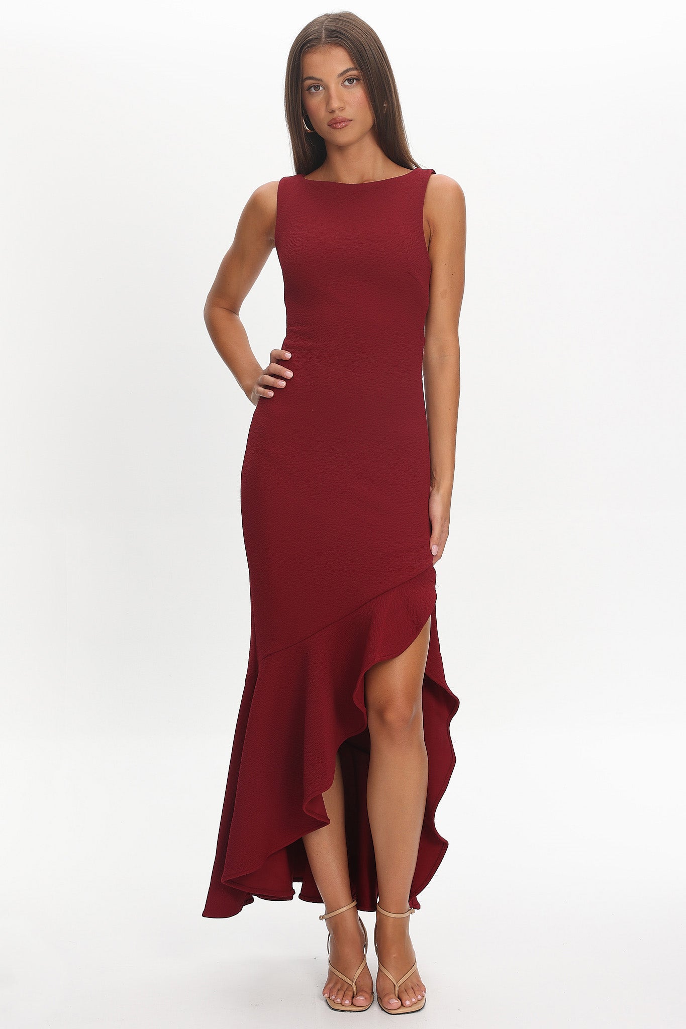 Lights On Asymmetric Hem Maxi Dress Wine-Maymioy