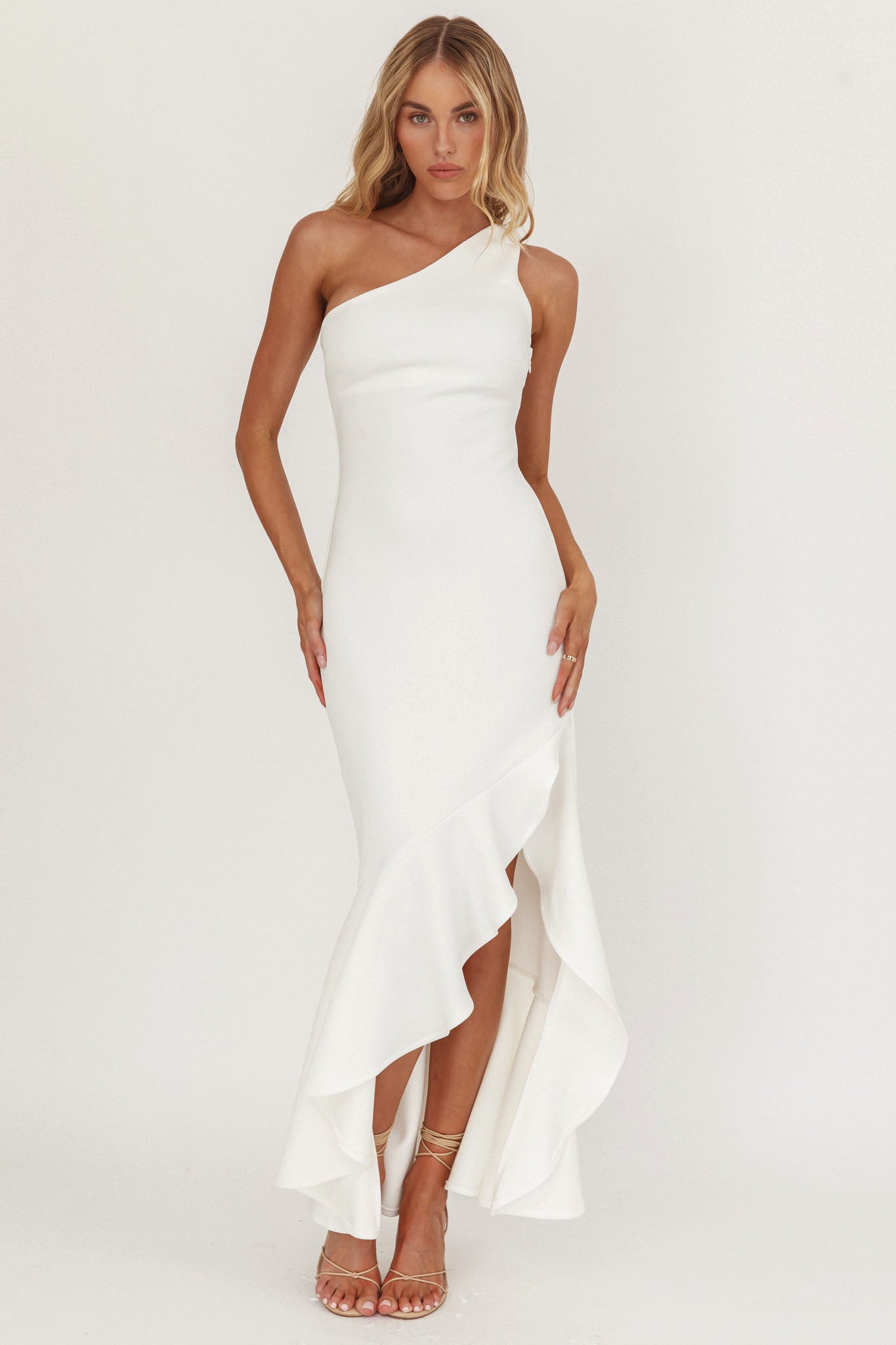 Lights On One-Shoulder Split Ruffle Hem Maxi Dress White-Maymioy