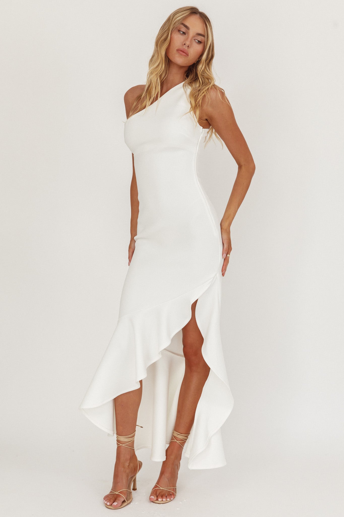 Lights On One-Shoulder Split Ruffle Hem Maxi Dress White-Maymioy