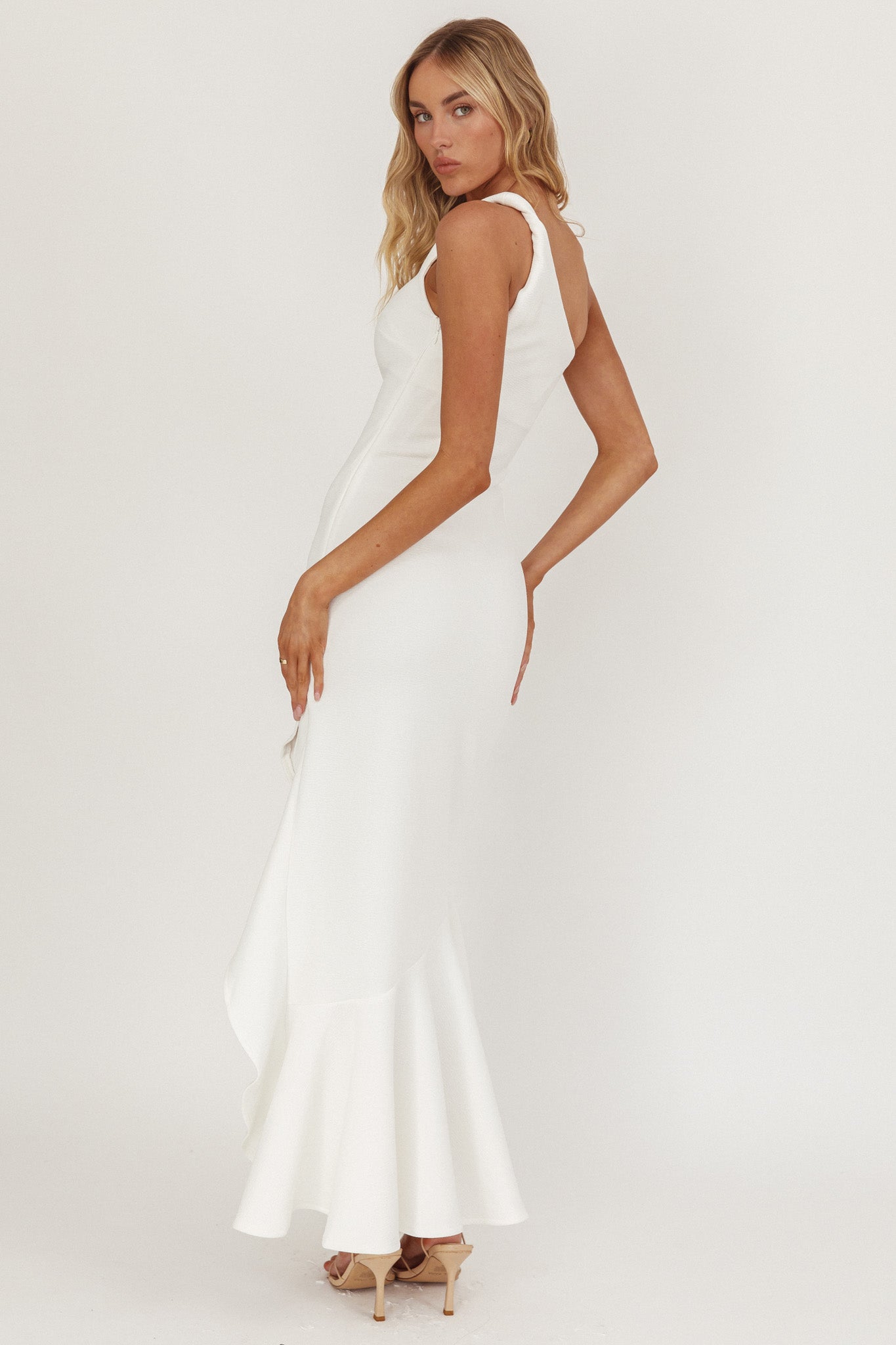 Lights On One-Shoulder Split Ruffle Hem Maxi Dress White-Maymioy