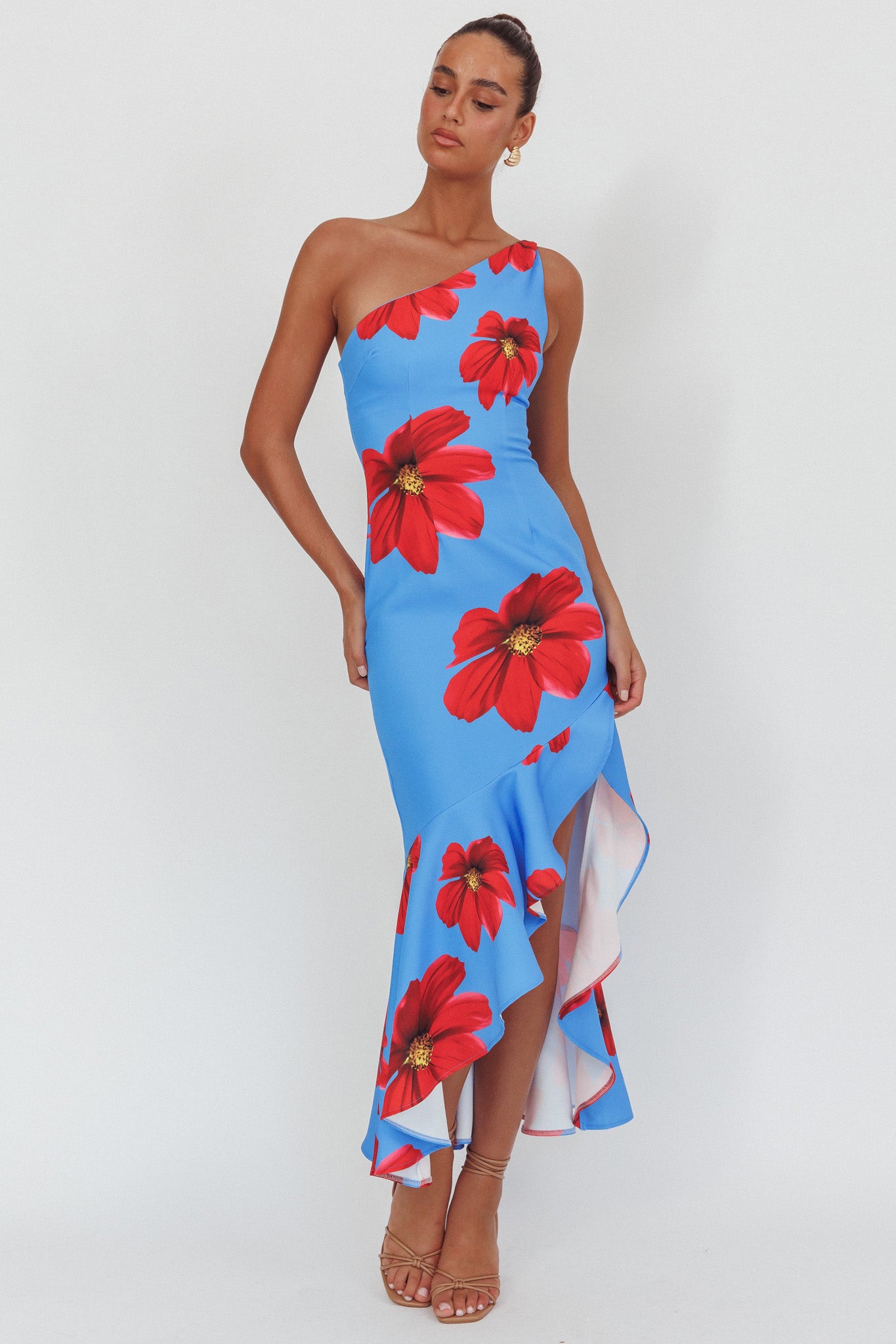 Lights On One-Shoulder Ruffle Hem Maxi Dress Floral Blue-Maymioy
