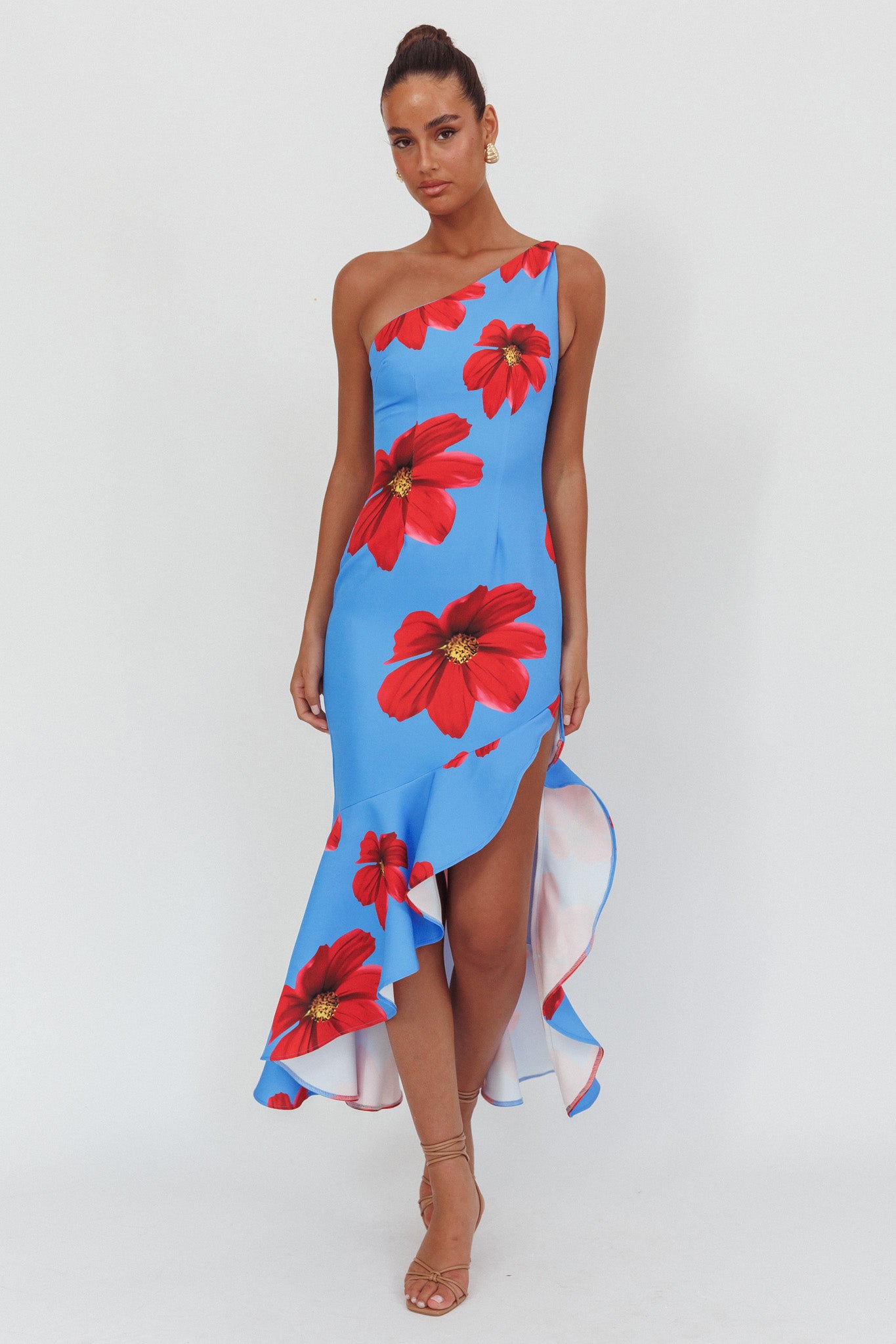 Lights On One-Shoulder Ruffle Hem Maxi Dress Floral Blue-Maymioy