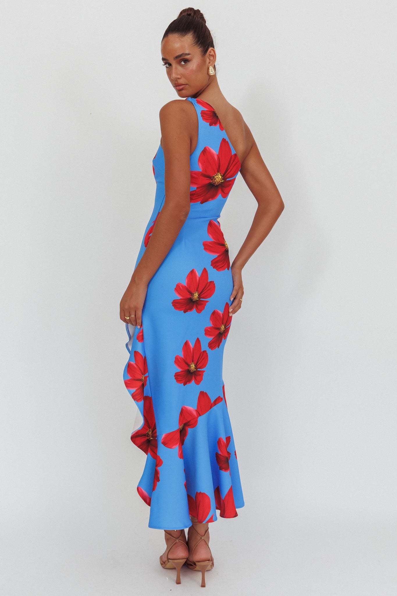 Lights On One-Shoulder Ruffle Hem Maxi Dress Floral Blue-Maymioy