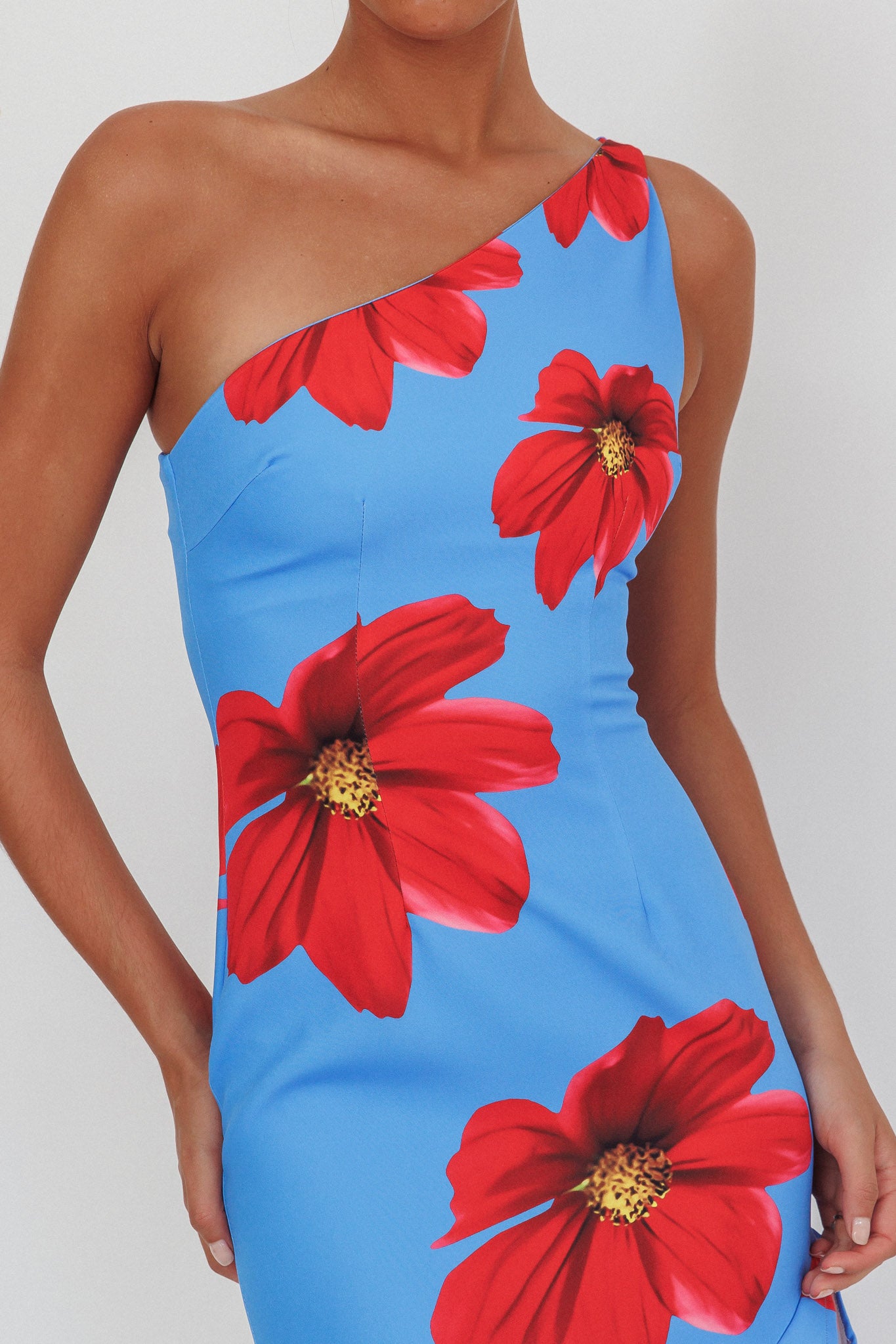 Lights On One-Shoulder Ruffle Hem Maxi Dress Floral Blue-Maymioy