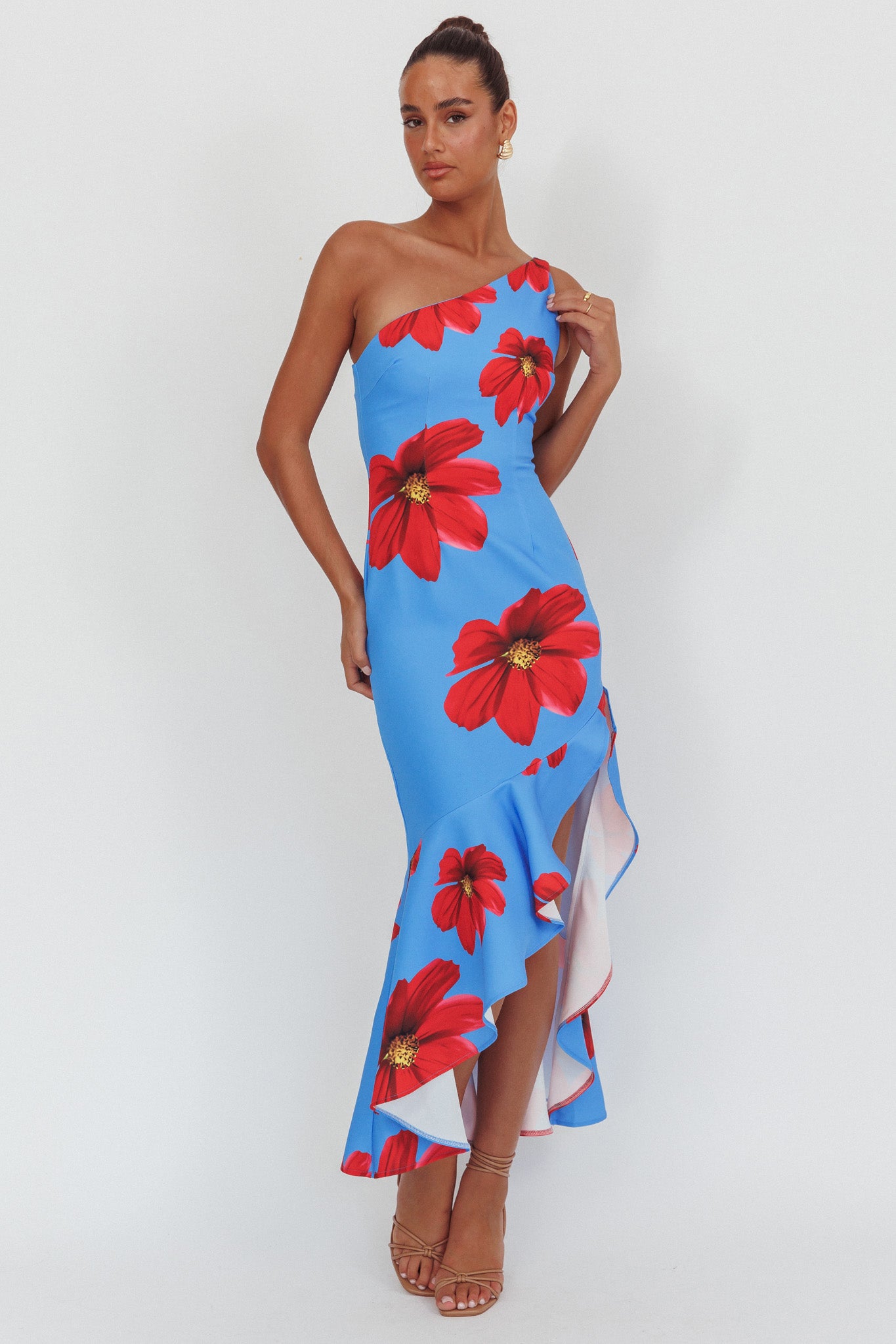 Lights On One-Shoulder Ruffle Hem Maxi Dress Floral Blue-Maymioy