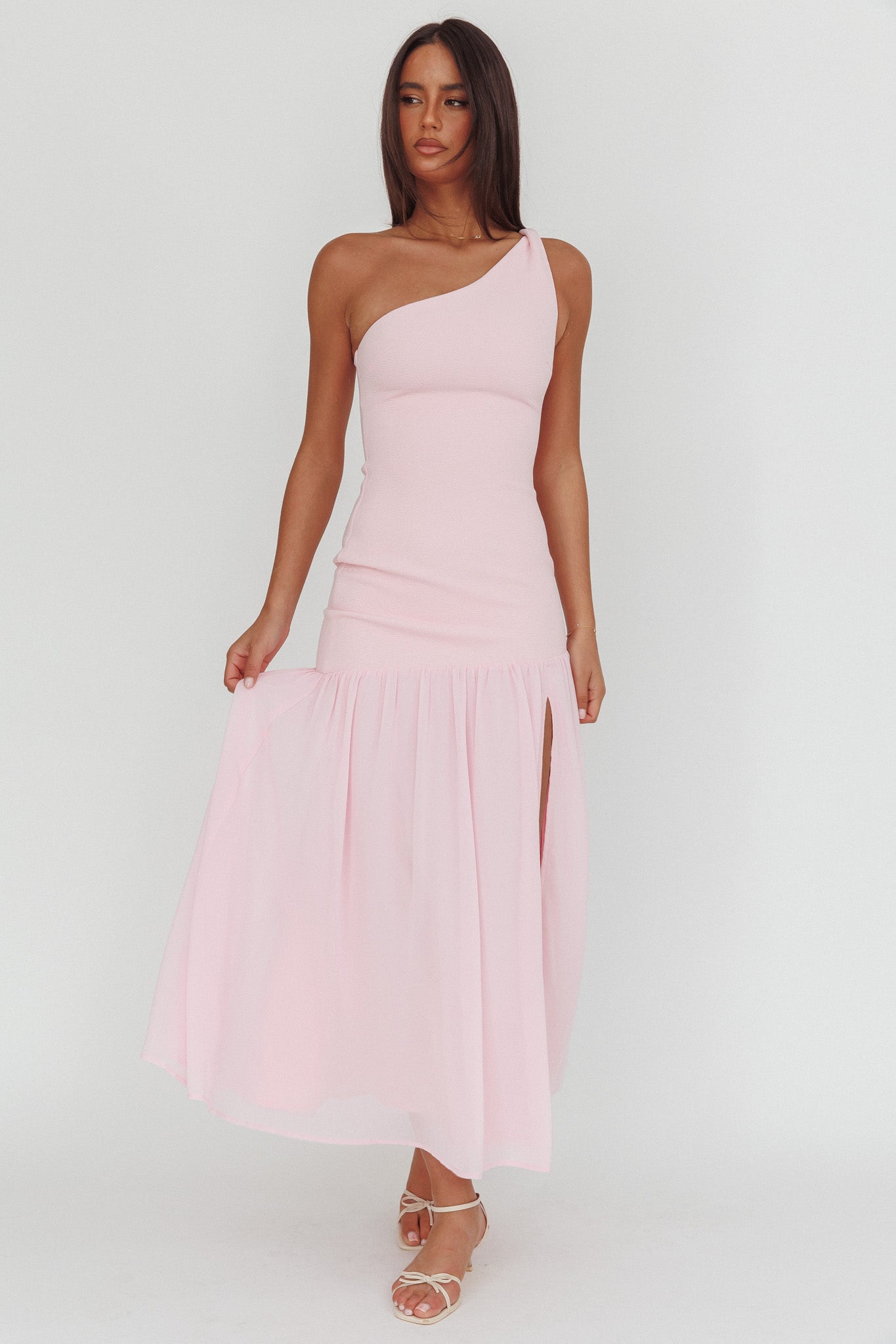 Lights On One-Shoulder Drop Waist Maxi Dress Pink-Maymioy