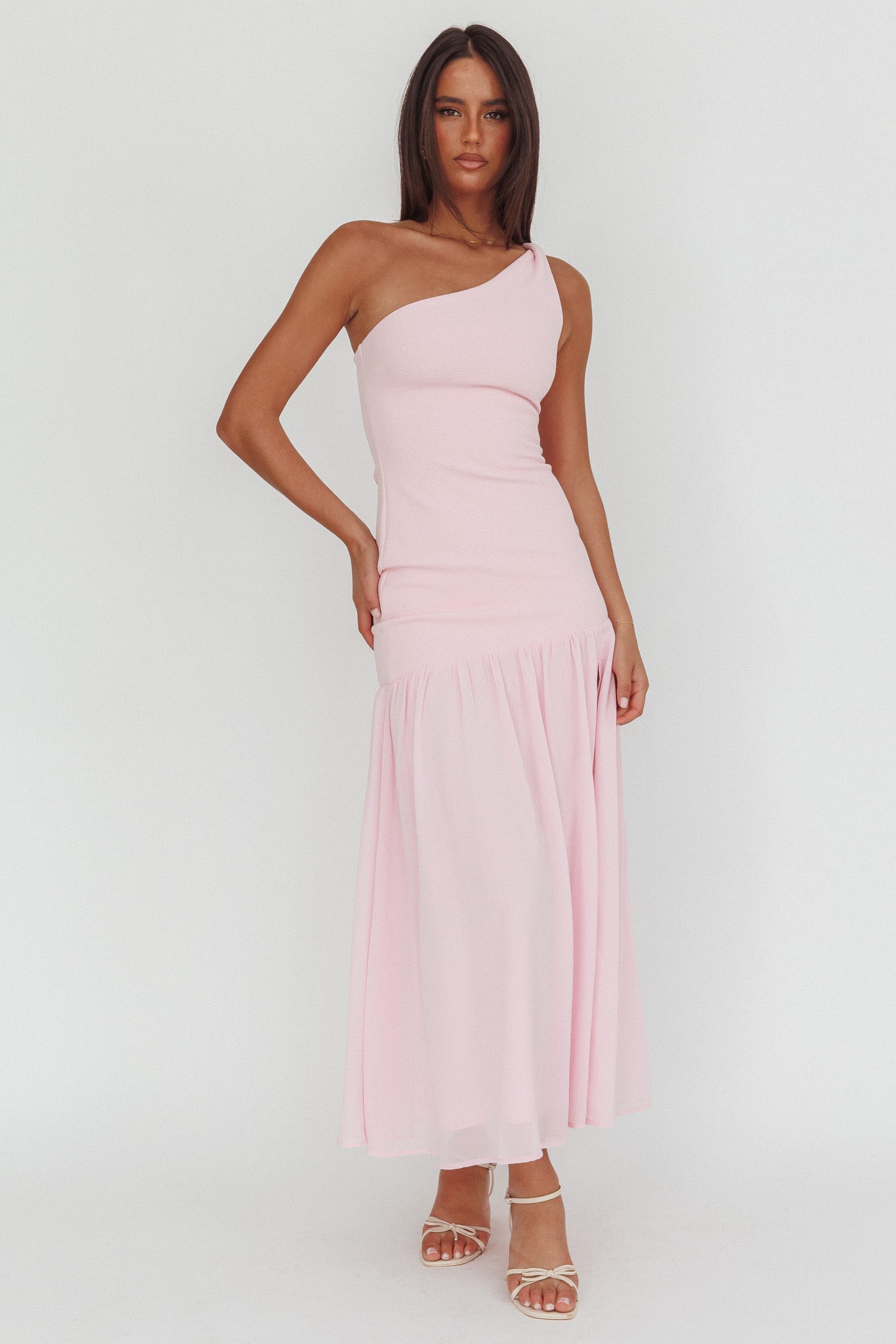 Lights On One-Shoulder Drop Waist Maxi Dress Pink-Maymioy