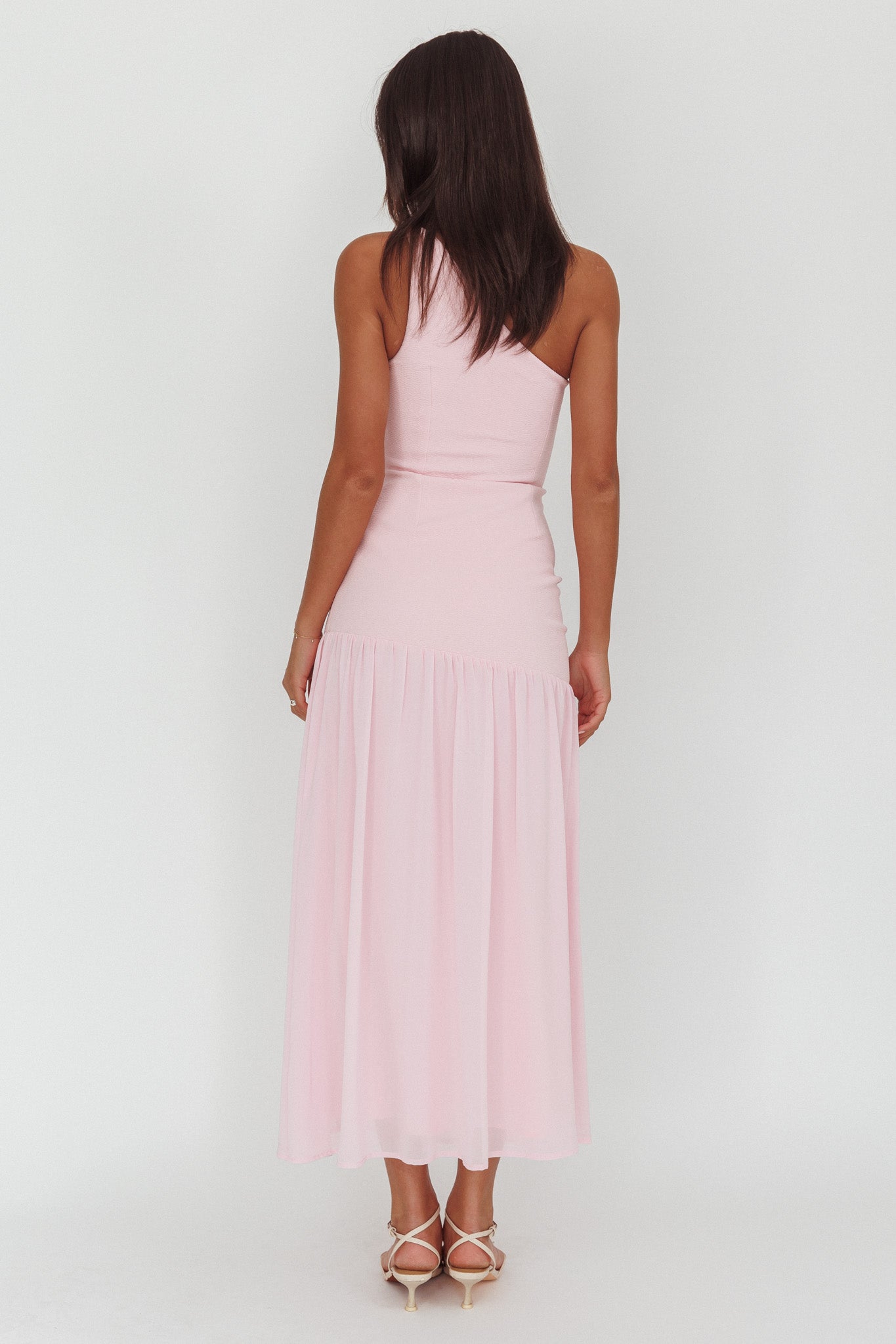 Lights On One-Shoulder Drop Waist Maxi Dress Pink-Maymioy