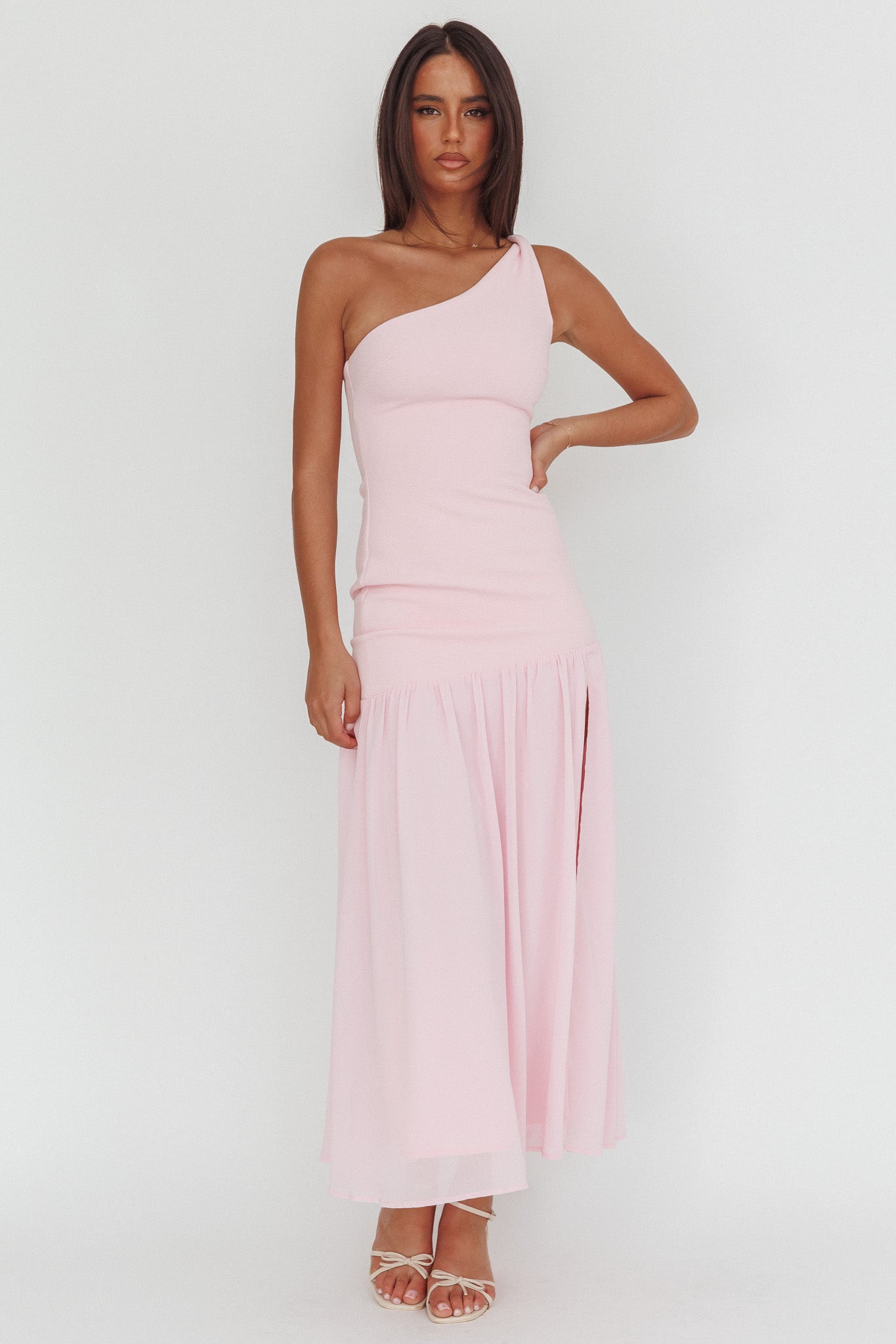 Lights On One-Shoulder Drop Waist Maxi Dress Pink-Maymioy