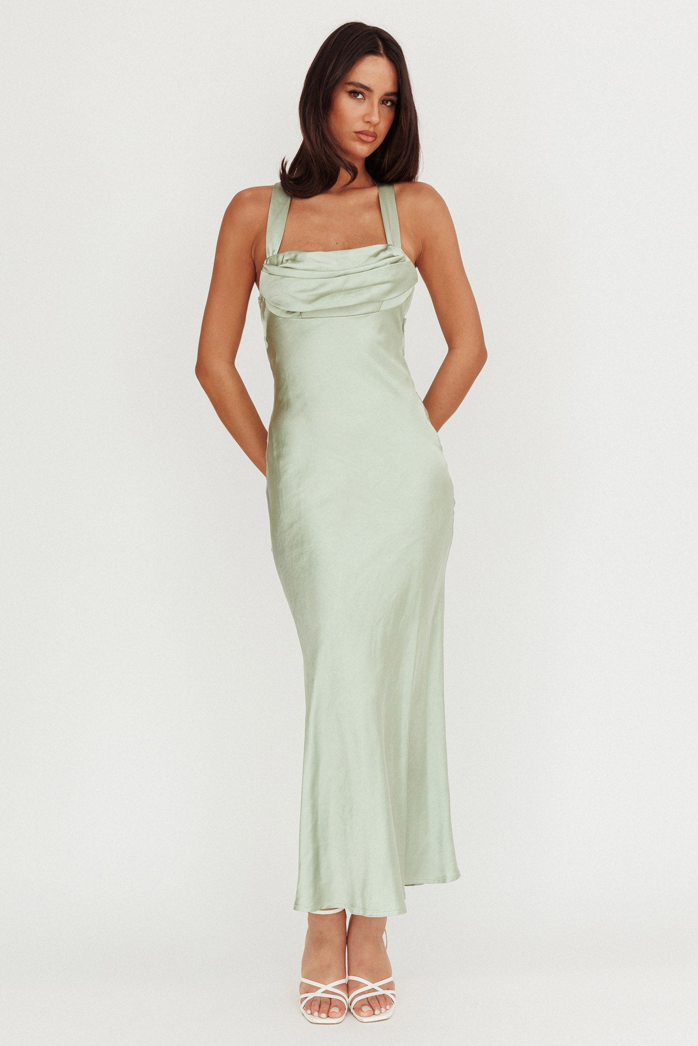 Favorite Part Crossover Back Satin Maxi Dress Sage-Maymioy