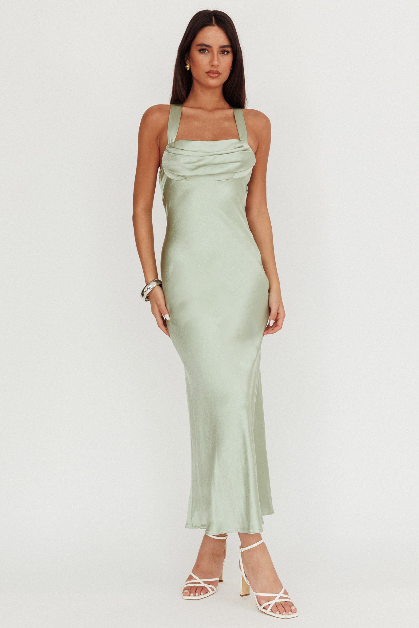 Favorite Part Crossover Back Satin Maxi Dress Sage-Maymioy