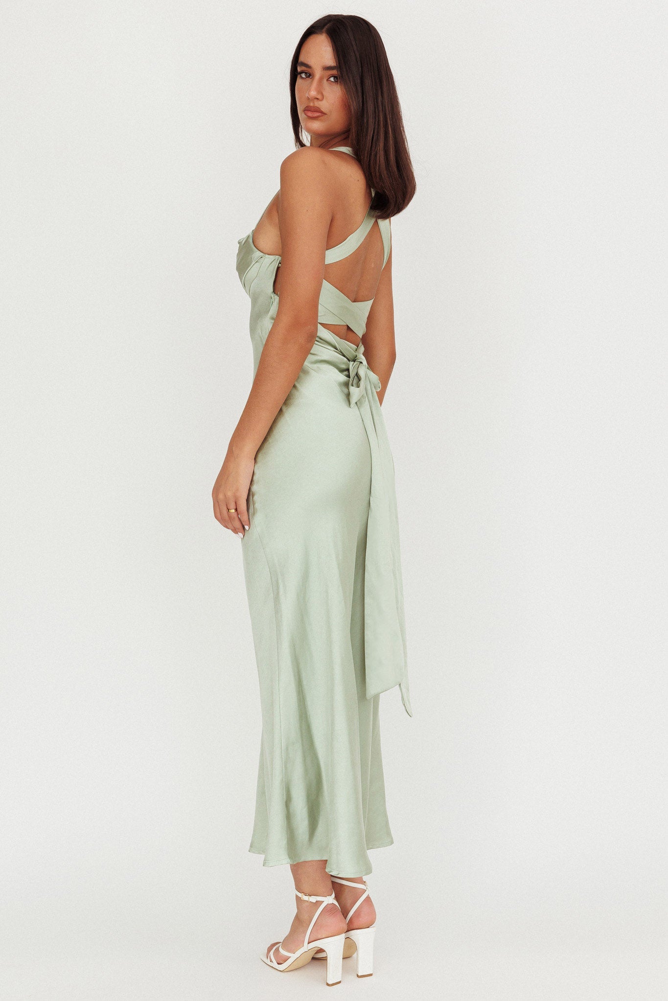 Favorite Part Crossover Back Satin Maxi Dress Sage-Maymioy