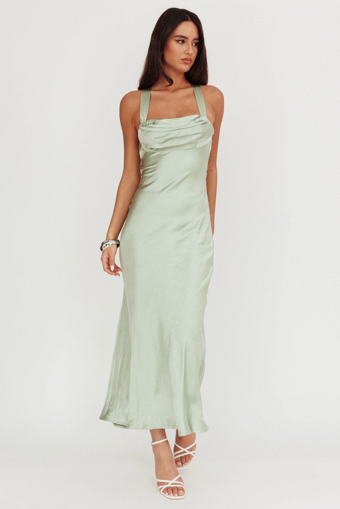 Favorite Part Crossover Back Satin Maxi Dress Sage-Maymioy