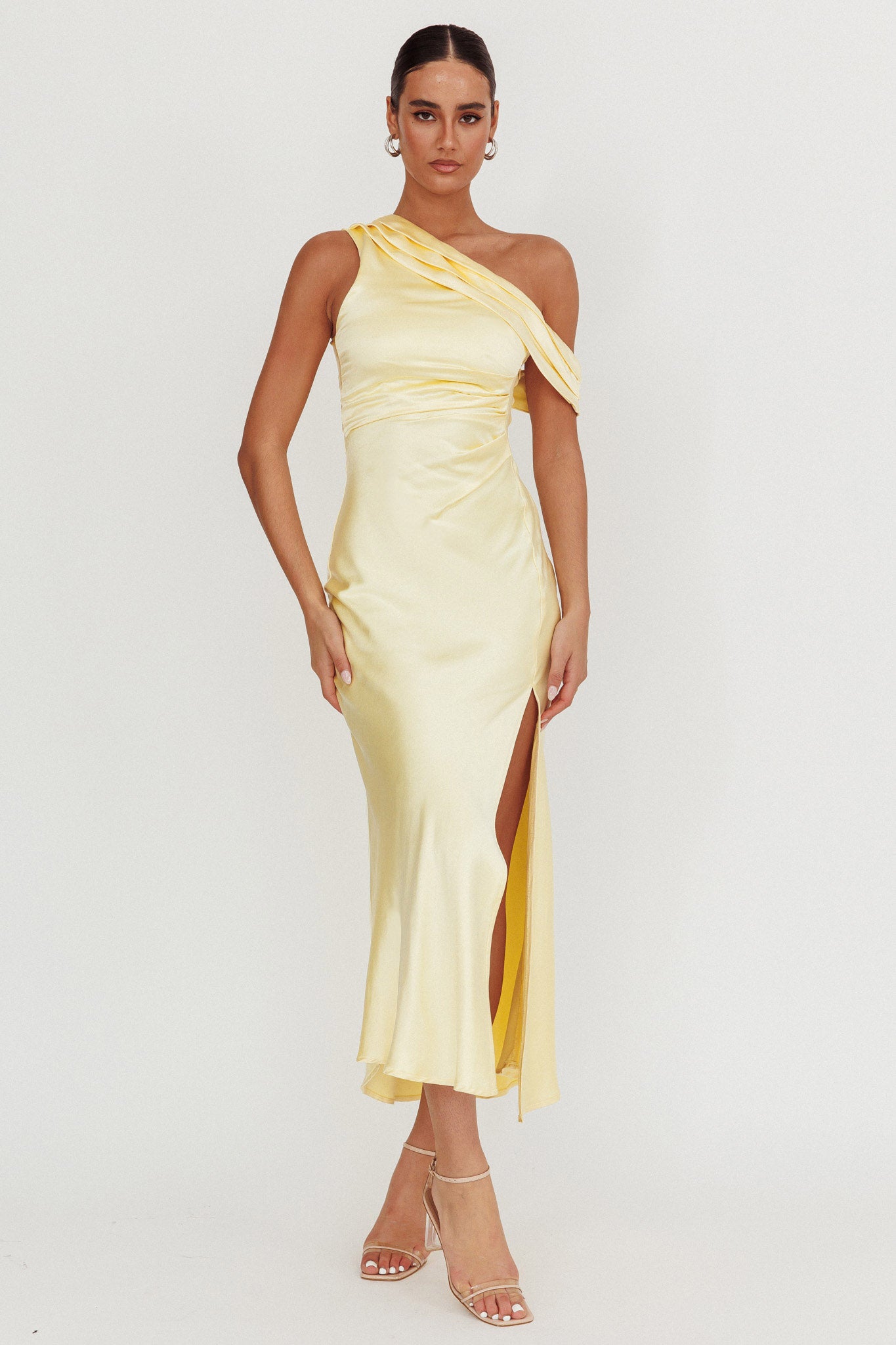 Floret Asymmetric Neckline Midi Dress Butter-Maymioy