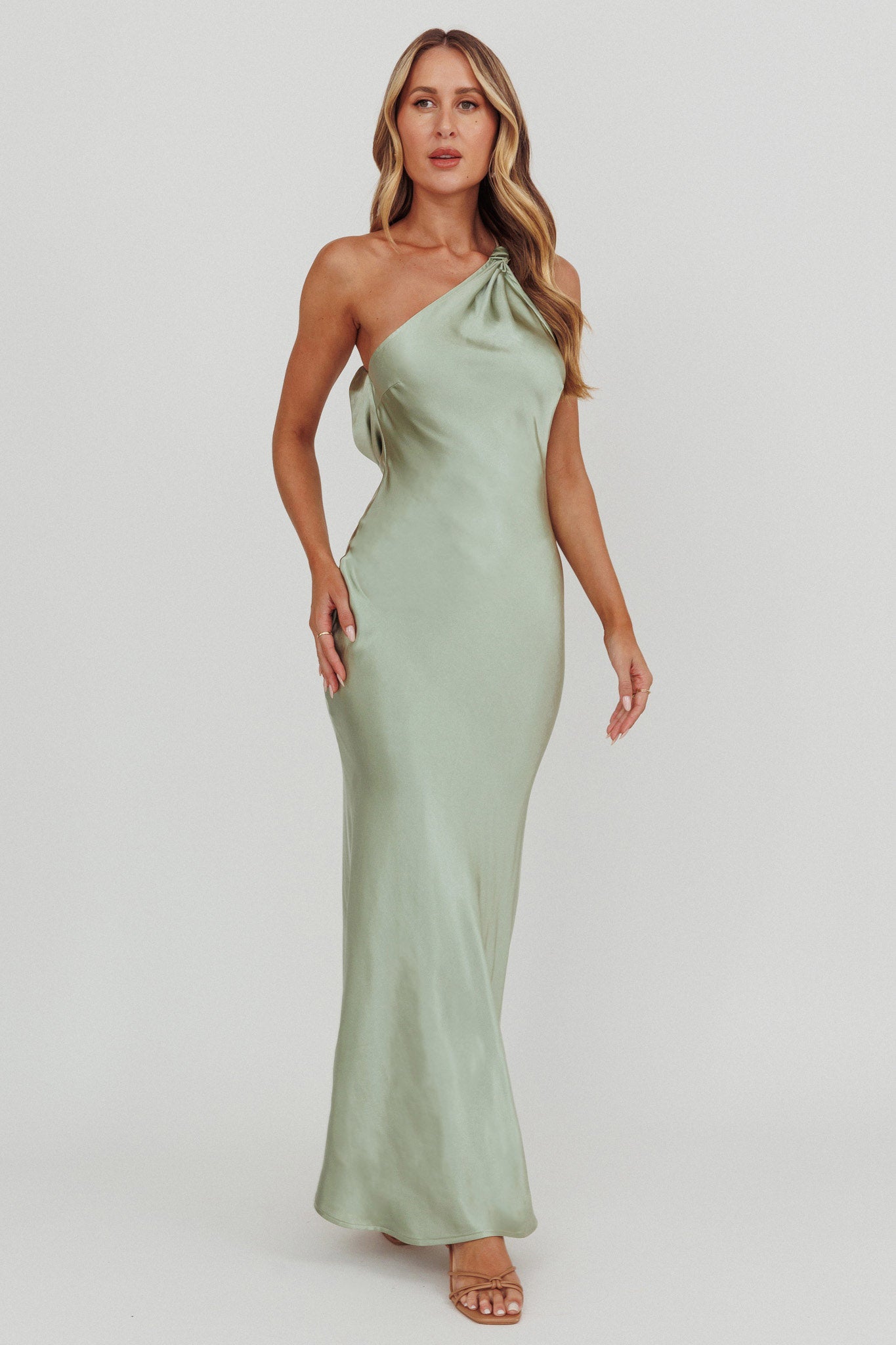 Emmaline One-Shoulder Open Back Maxi Dress Sage-Maymioy