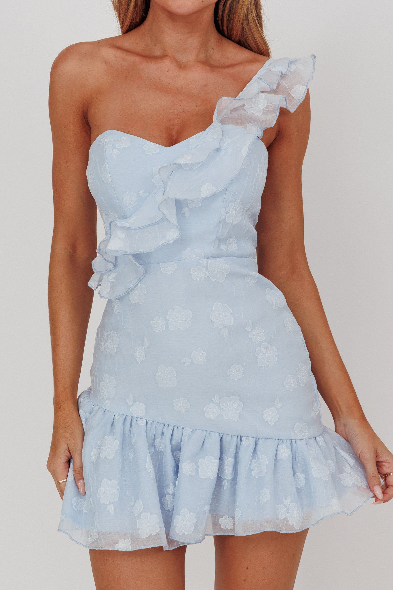 Minka One-Shoulder Ruffle Mini Dress Blue-Maymioy